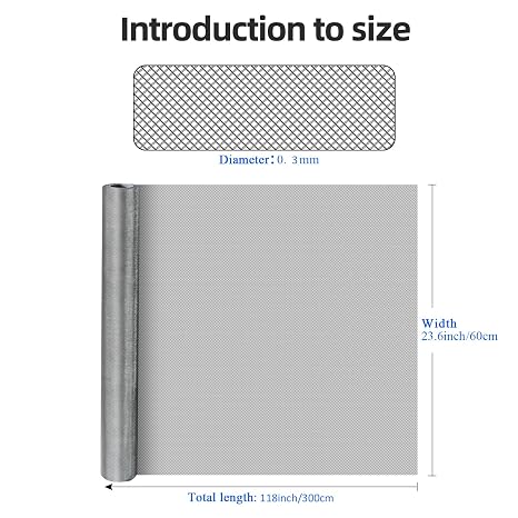 20 Mesh 304 Stainless Steel Mesh Screen, 24''118''(60cm300cm) Wire Screen Mesh, Rust Free Woven Wire Mesh, Metal Mesh Screen for Air Vents, Window Screen, Filters, Cage,Garden Covers