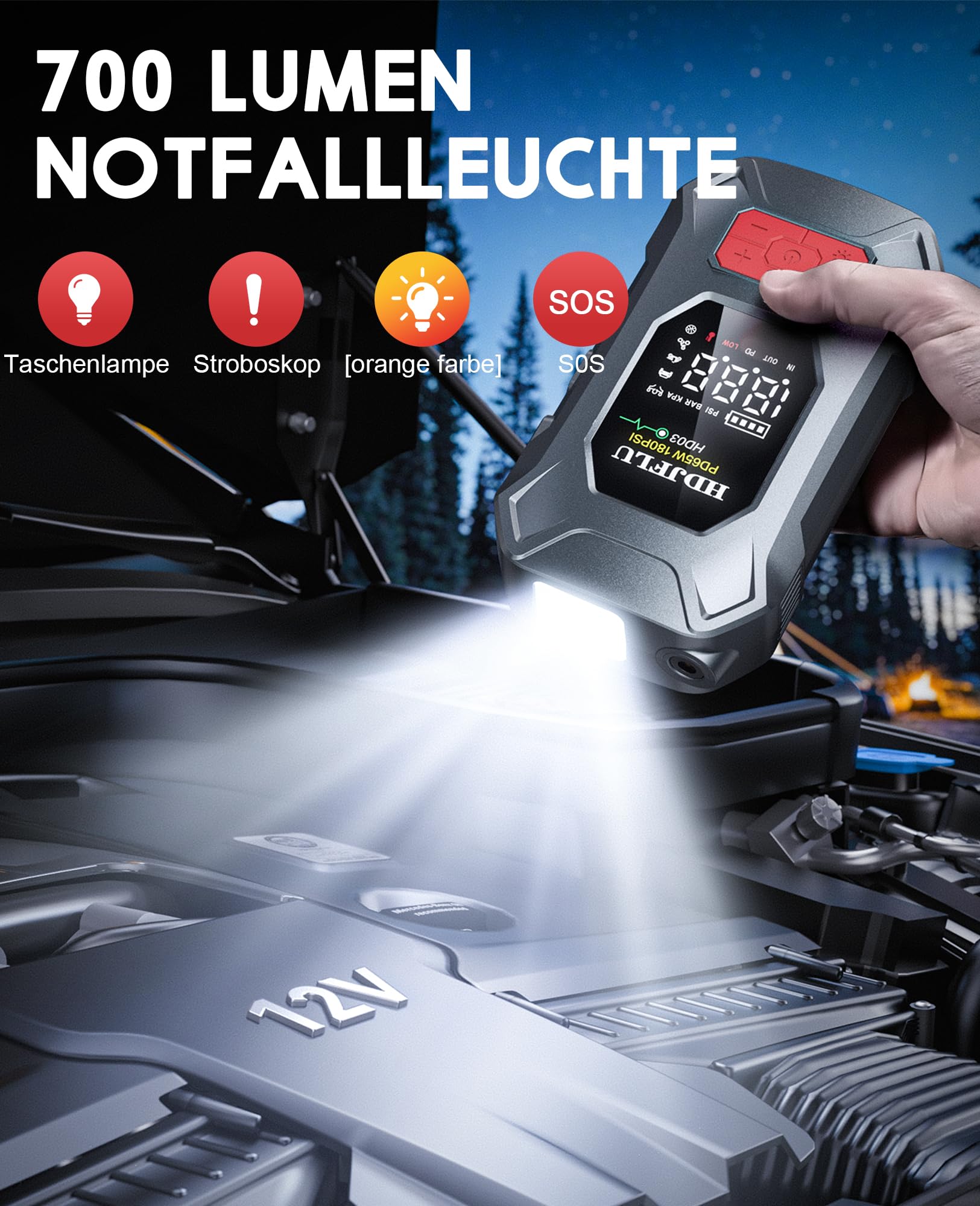 7500A con compressore d'aria da 180PSI, ricarica rapida da 65W, batteria portatile per auto da 24000mAh, gonfiatore di pneumatici da 12V (per benzina e diesel fino a 10L), luce LED