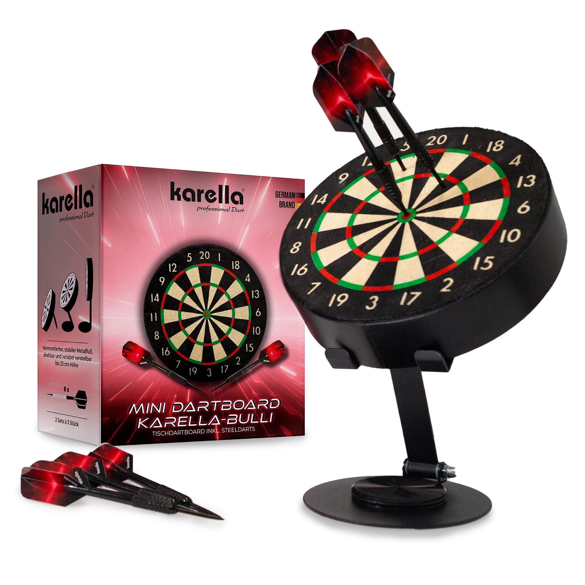 Karella Bulli – Mini Dartboard Ø15 cm mit verstellbarem Metallständer, inklusive Mini-Darts