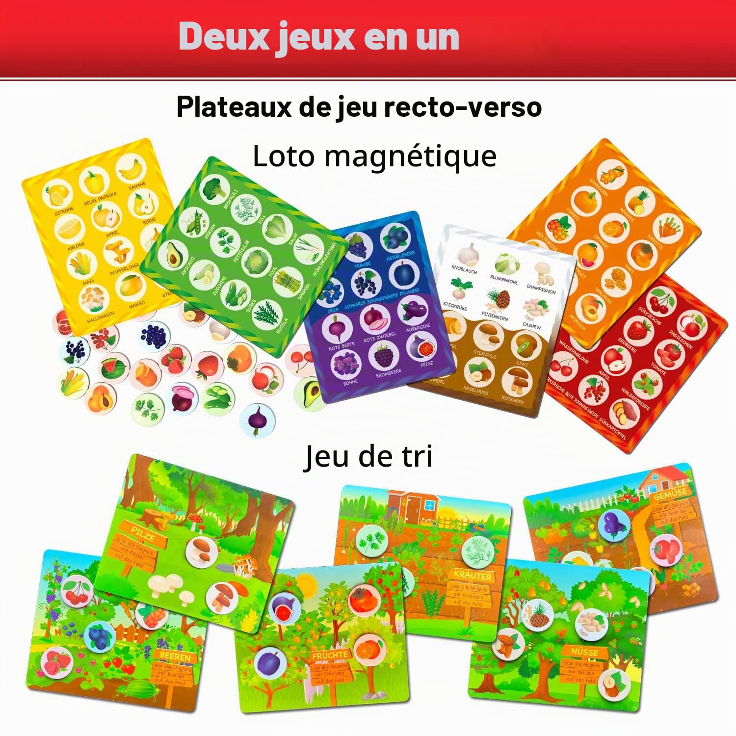 MAGNIKON Jeu de bingo pour enfants à partir de 3 ans, apprendre les couleurs, jeu de mémoire de loto, 72 aimants, 6 terrains de jeu double face, loto d'images, fruits et légumes, jeu éducatif à partir