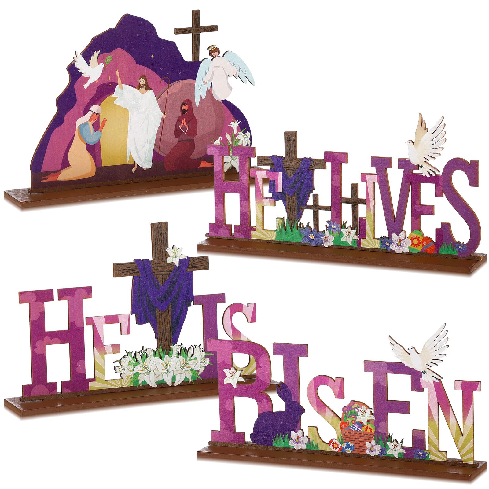 Chunful 4 Pcs Easter Table Decorations He Is Risen Tabletop Decorations Easter Resurrection Scene Wooden Signs Jesus Cross He Lives Table Centerpiece for Easter Religious Party Holiday Decor