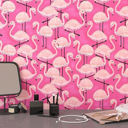 Miniatura 2 de Papel tapiz de flamenco rosa para despegar y pegar, papel tapiz de animales rosa de 17.5 x 120 pulgadas, papel de pared autoadhesivo para despegar y