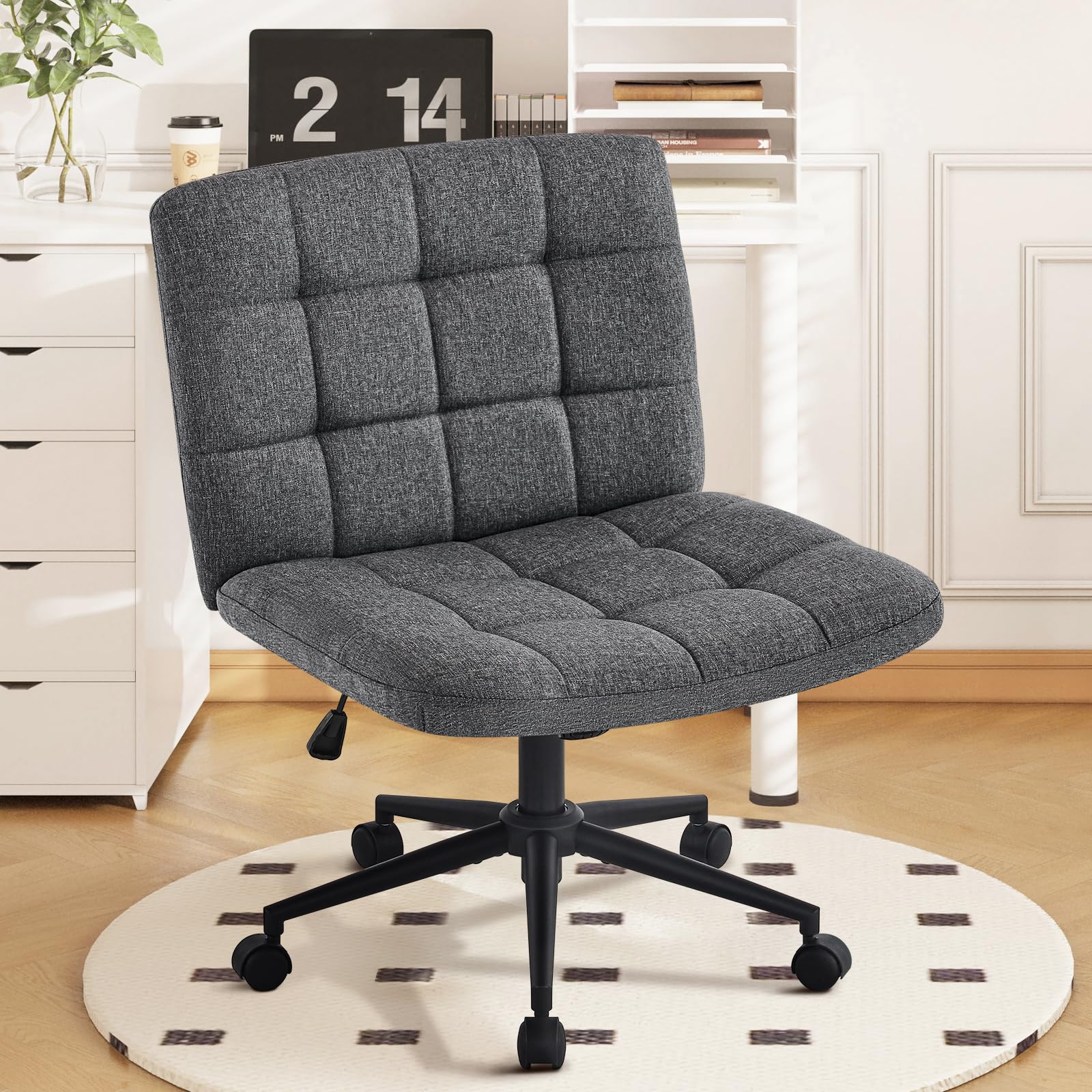 Hellove Home Office Chair with Wide Seat, Cross Desk Chair with Wheels, Armless Comfortable Makeup Chair, Adjustable Height Swivel Chair for Office Study, Grey