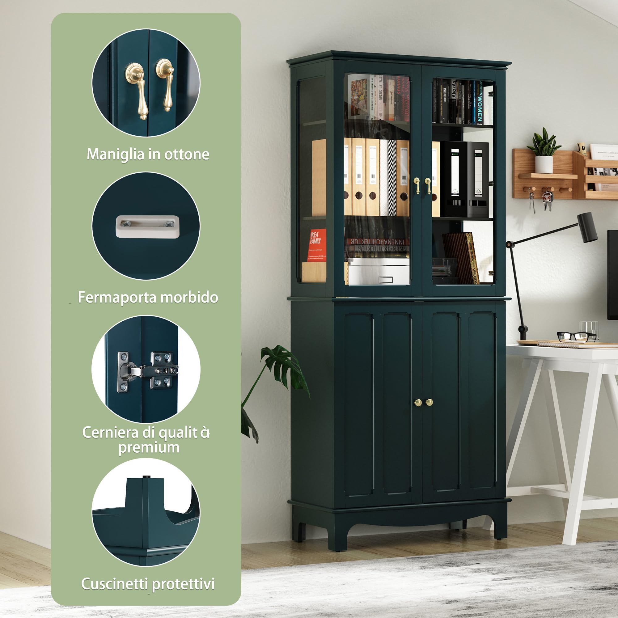 HOLTICO Vetrina Espositiva Soggiorno, Armadio Cucina Indipendente con Ante in Vetro e Legno, Cristalliera Classica con Ripiani Regolabili, Mobili Cucina per Collezionismo, Cucina e Soggiorno, verde