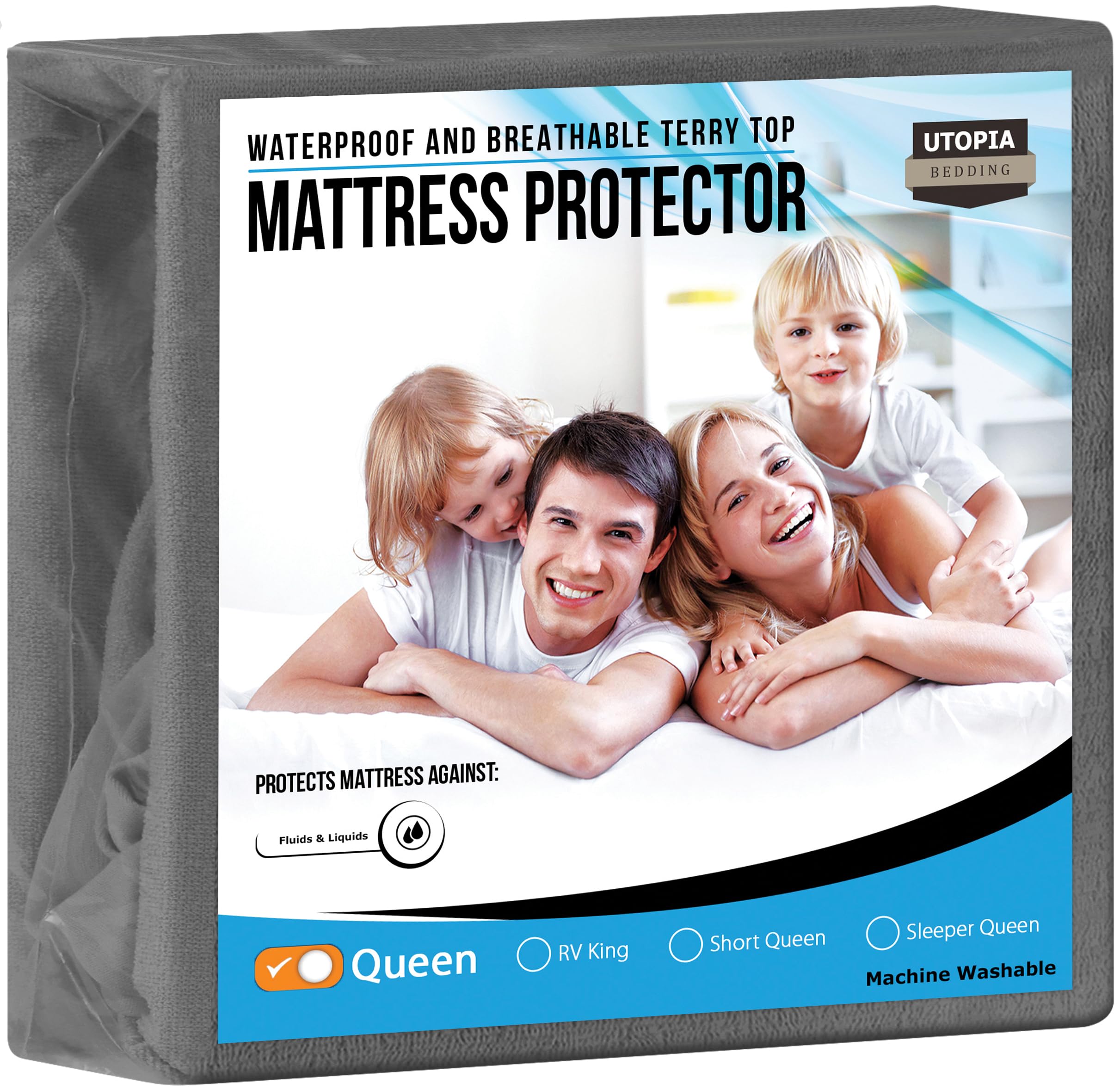 Utopia Bedding Waterproof Mattress Protector Queen Size, Premium Terry Mattress Cover 200 GSM, Breathable, Fitted Style with Stretchable Pockets (Grey)
