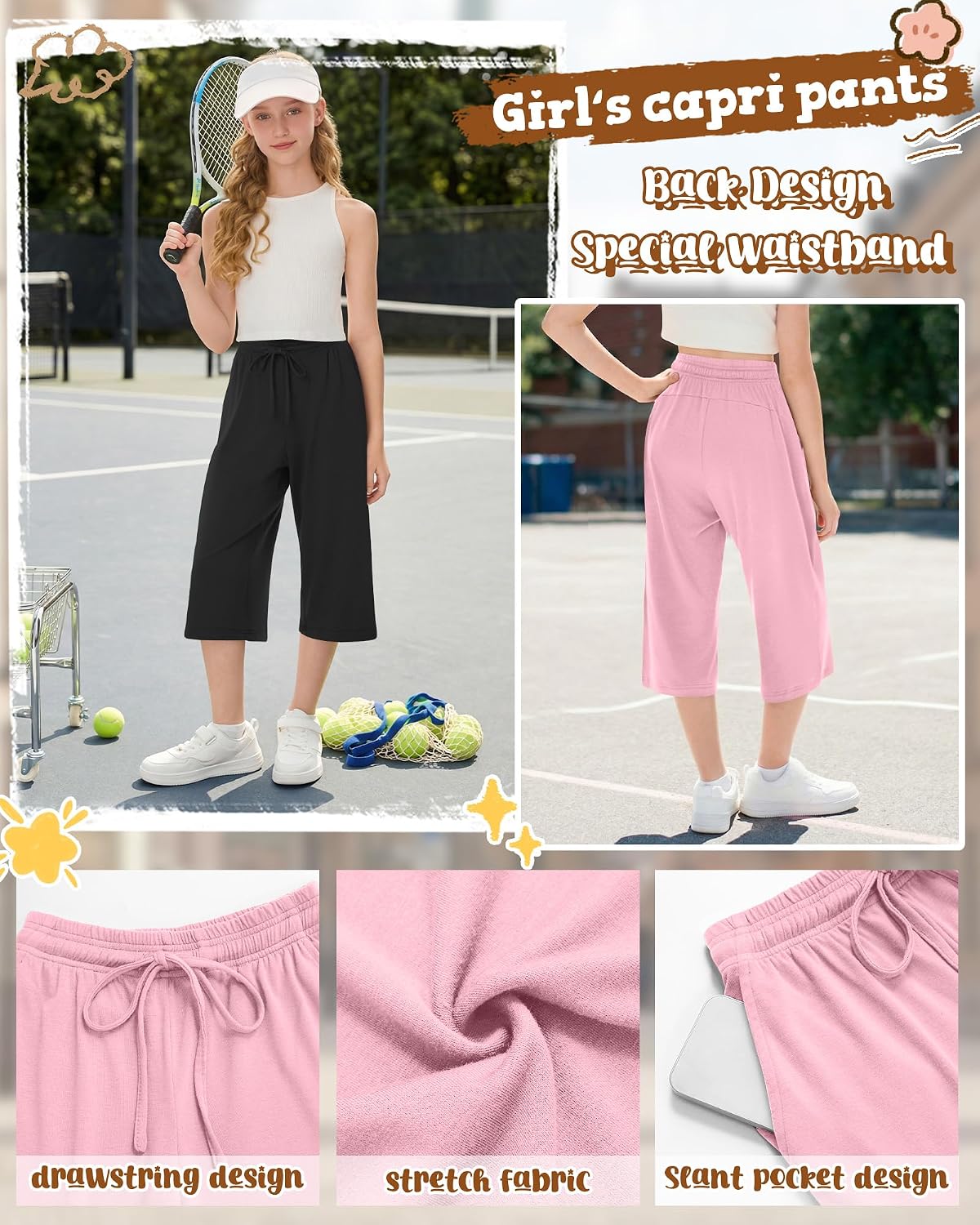 3 Pack Girls Capris Summer Capri Pants 5-16 Years Wide Leg Elastic Waist Cropped Pants Loose Sweatpants with Pocket