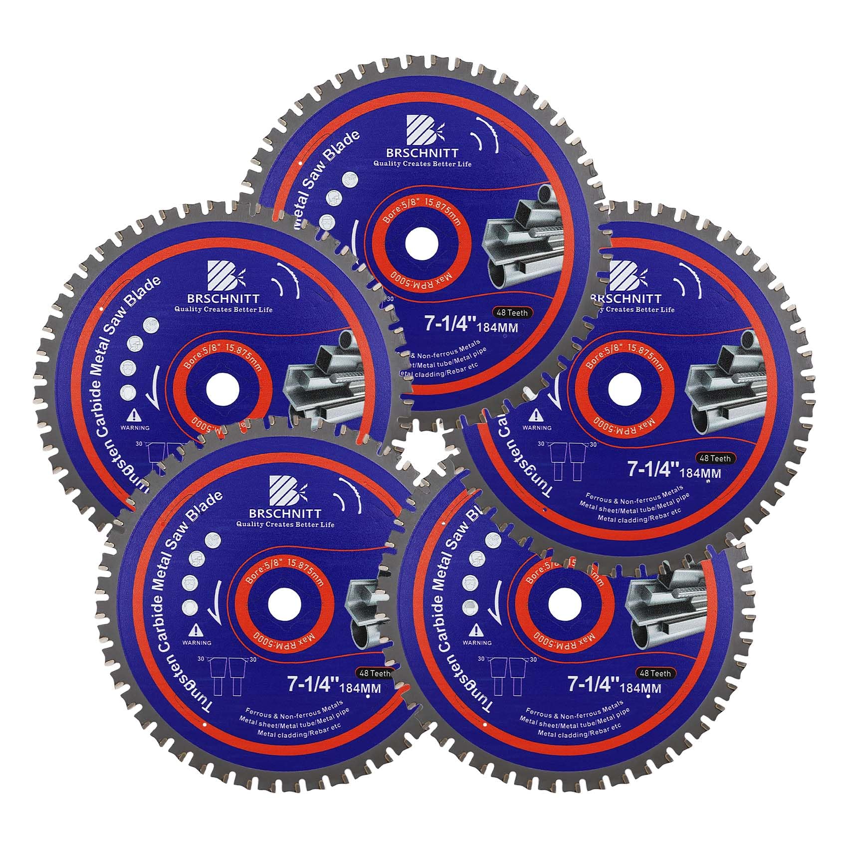 184MM Metal Cutting Circular Saw Blade - BRSCHNITT 5pcs Tungsten Carbide Tipped TCT Saw Blades for Iron, Iron Pipe, Ferrous Metals 48T Arbor:15.875MM