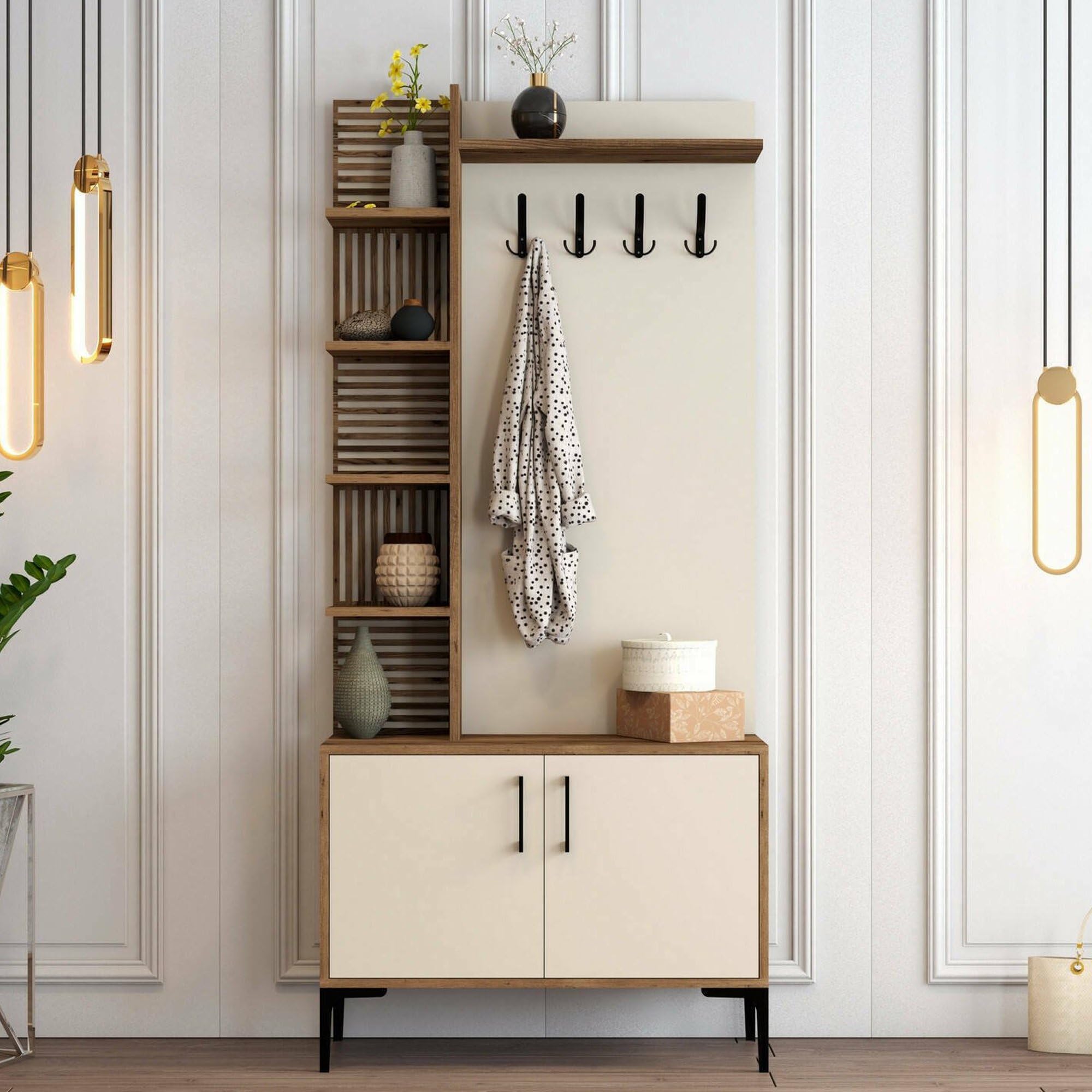 Dmora - Mobile da ingresso Armus, Entratina appendiabiti, Composizione per atrio, Consolle portaoggetti multifunzione, 90x35 h200 cm, Noce e Crema