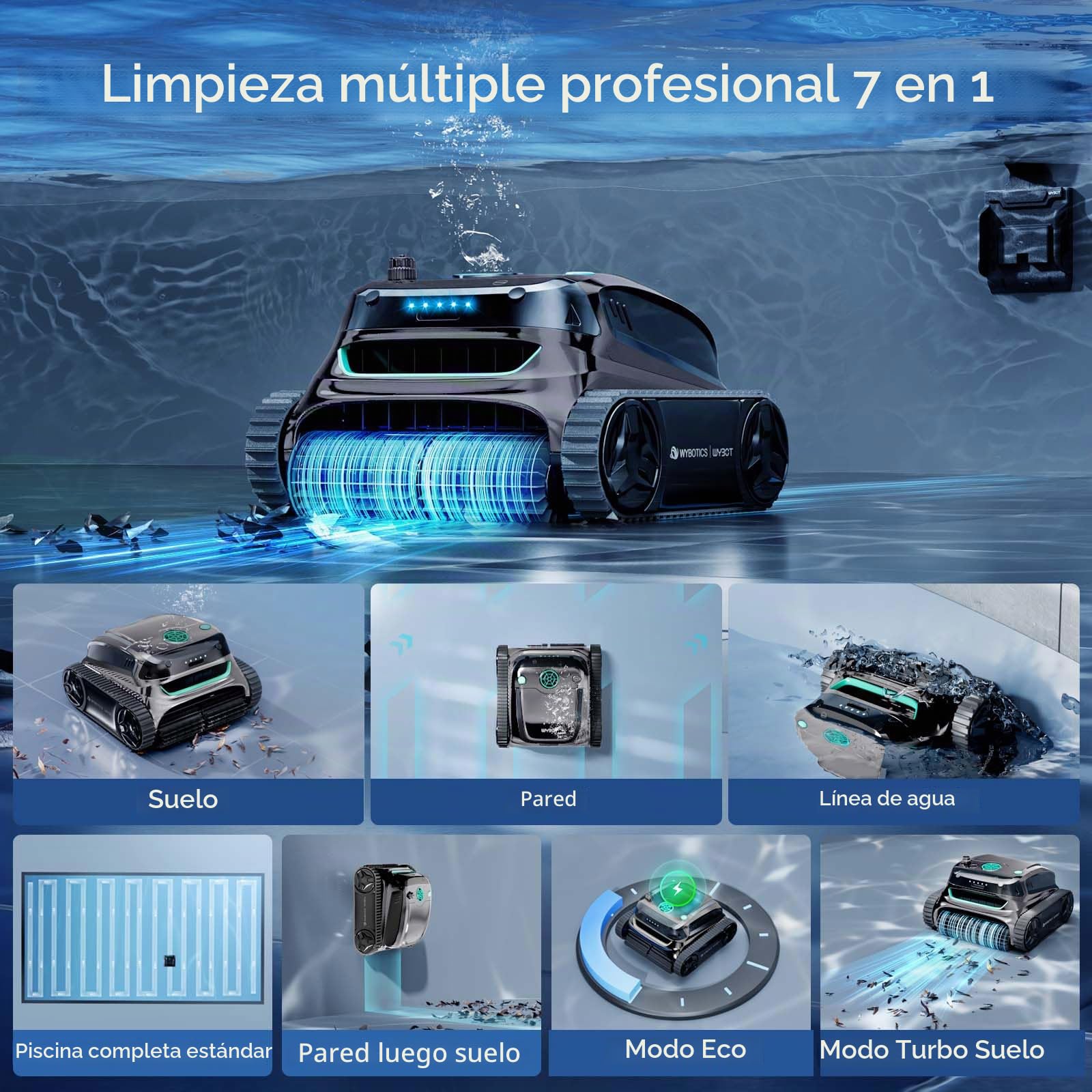 WYBOT S2 Solar Robot para Piscinas, con Plan De Limpieza Inteligente, Limpieza Parcial De Precisión, Retorno Automático Y Carga Solar, Sistema De Adsorción 3D, Covers 300 m² (Gris)