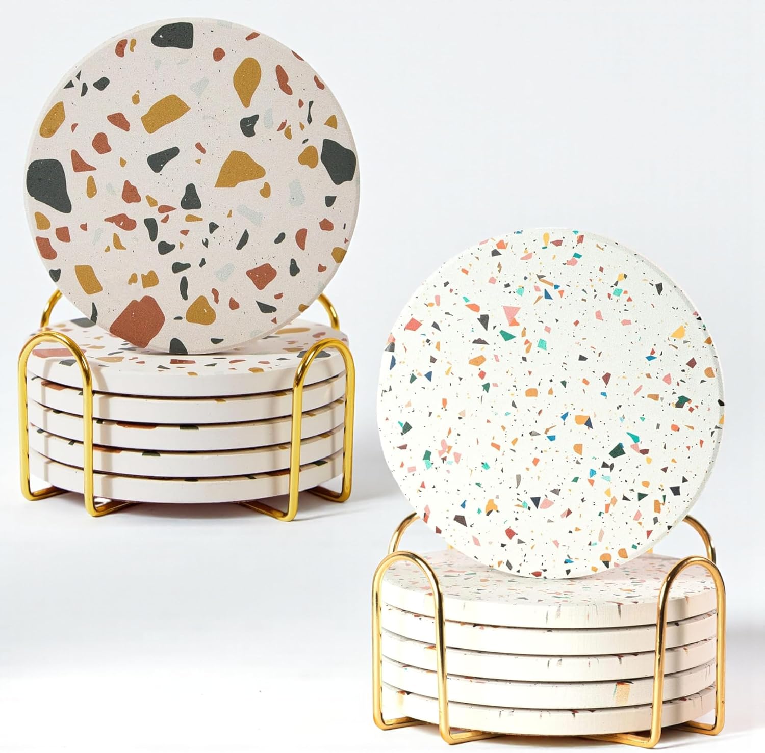 Ceramic Absorbent Coasters Bundle – Terrazzo Sunset Set of 6 with Holder & Terrazzo Confetti Set of 6 with Holder, Decorative Drink Coasters for Coffee Table
