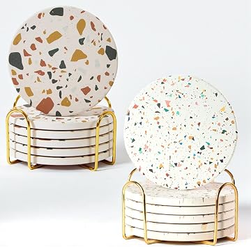 Ceramic Absorbent Coasters Bundle Terrazzo Sunset Set of 6 with Holder & Terrazzo Confetti Set of 6 with Holder, Decorative Drink Coasters for Coffee Table