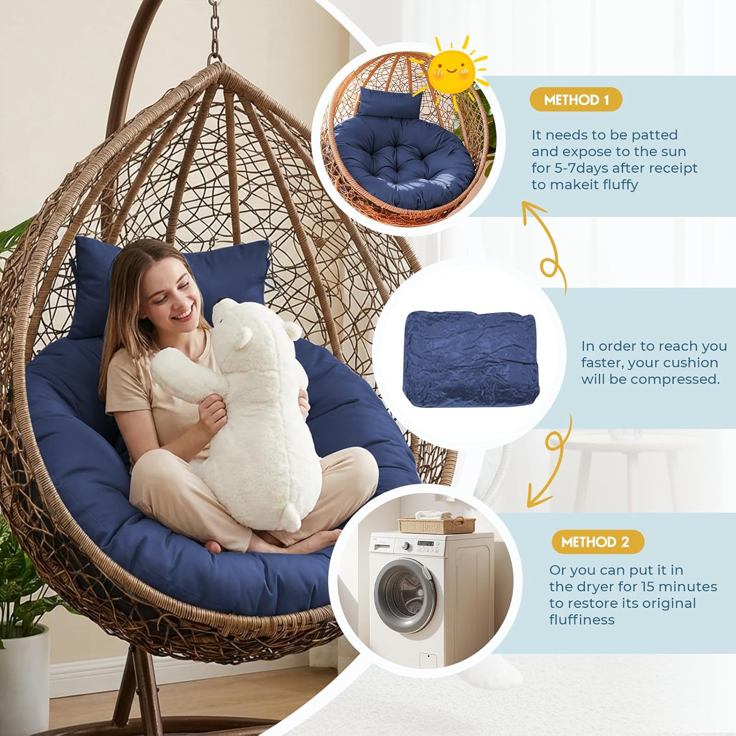 Outdoor Round Egg Chair Cushion Replacement, Waterproof 45" L x 45" W Thicken Hanging Swing Egg Chair Cushions with Headrest Pillow, Soft Wicker Basket Eggs Chairs Pad for Garden Offices, Blue