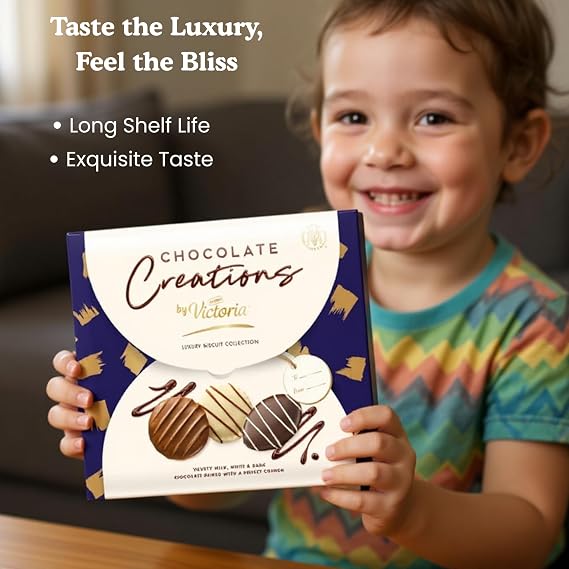 Katsy Style Victoria Chocolate Creations - Luxury Biscuit Collection, Assorted Milk, Dark and White Chocolate Biscuits, 307g Pack, Gift Box for Sharing, Tea Time Snacks, Sweet Treat Assortment