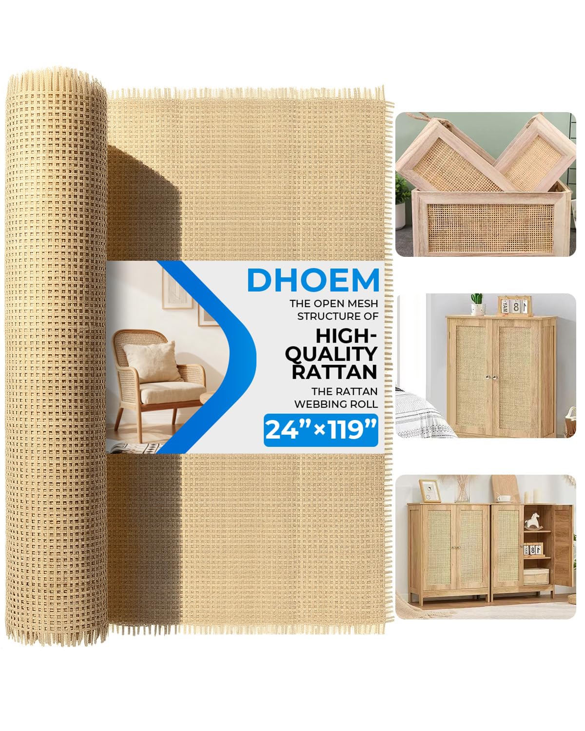 Photo 1 of 24" x 119" Extra Long Natural Rattan Webbing Roll, Cane Fabric by The Yard for Large DIY Projects, Furniture Repair, Chair Seats, Cabinet Doors & Home Decor