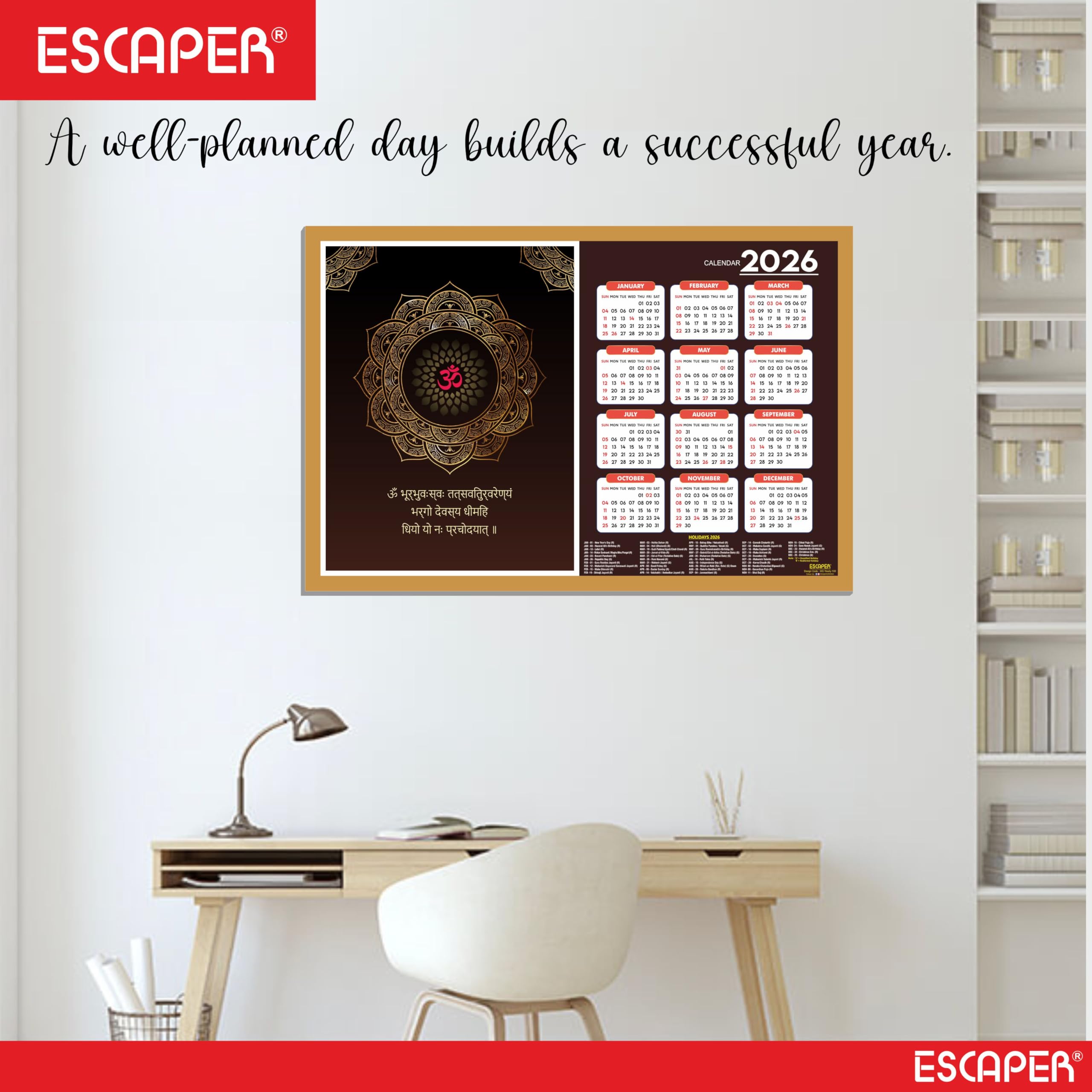 ESCAPER Gayatri Mantra Wandkalender 2026 - 30,5 x 45,7 cm, Meditations- & Yoga-Wandkalender, Yogasana- & Asana-Diagramme, Chakra-Posen, ideal für Yoga-Kurse & Fitnesscenter