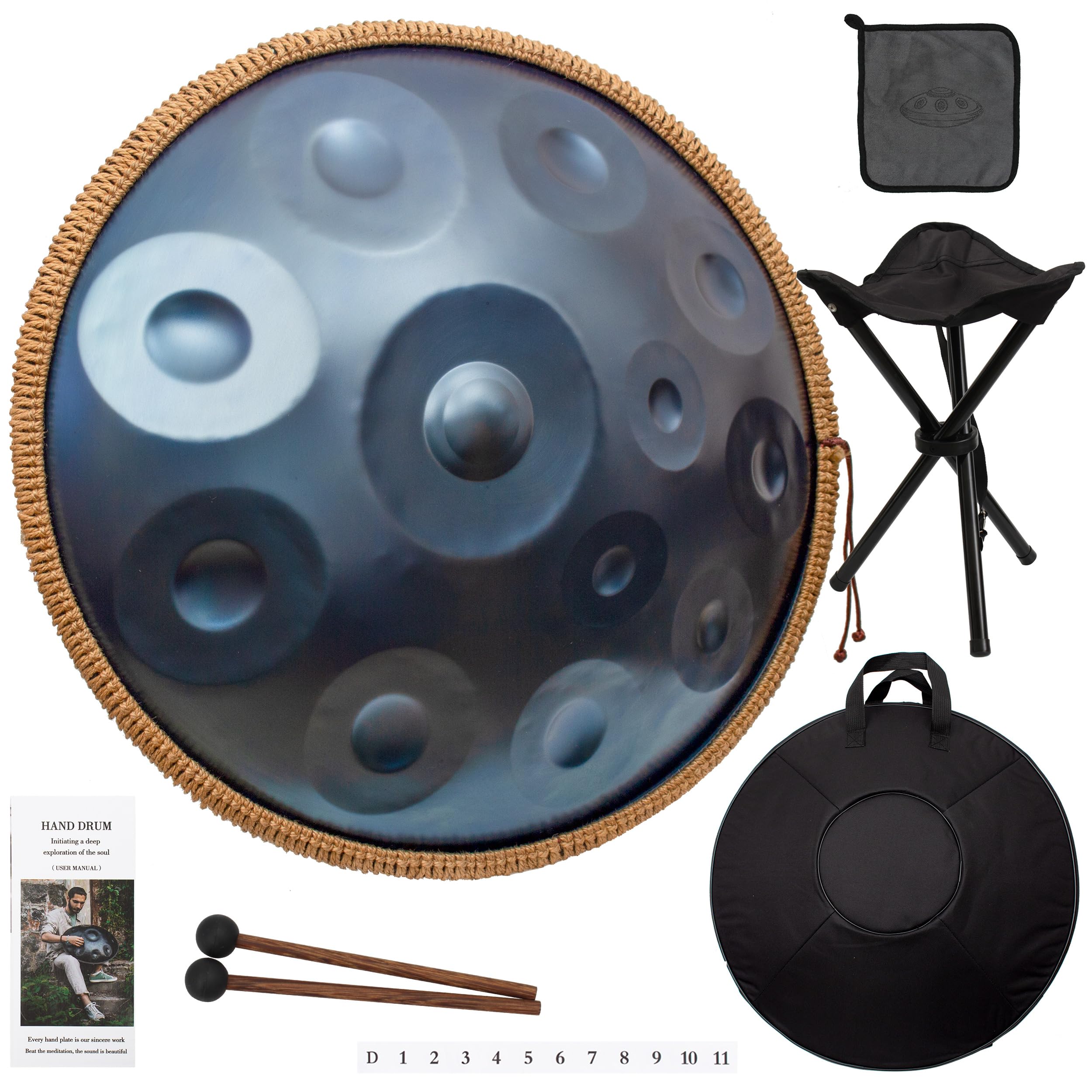 Handpan, Steel Drum, Hand Pan, Tamburo in Acciaio, Blu Notte | 440HZ 14 Note D Minore 22 Pollici 56cm Handpan Drum per Meditazione e Yoga, Tamburo a Mano con Borsa e Supporto