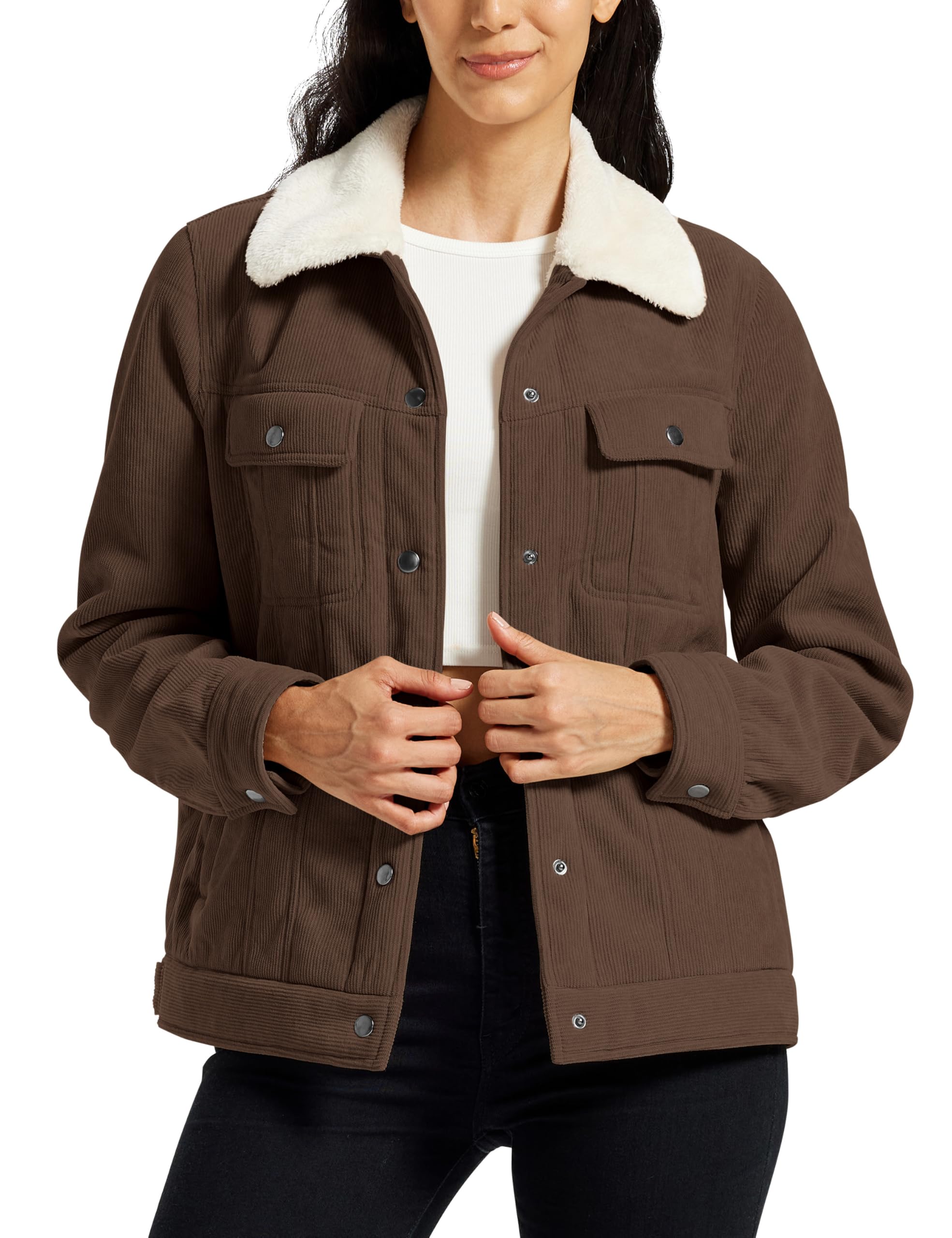 MoFiz Damen Fleecejacke Sherpa Gefüttert Winterjacke Warmer Damenjacke Mode Cordjacke Freizeitjacke mit Knopfverschluss Taschen