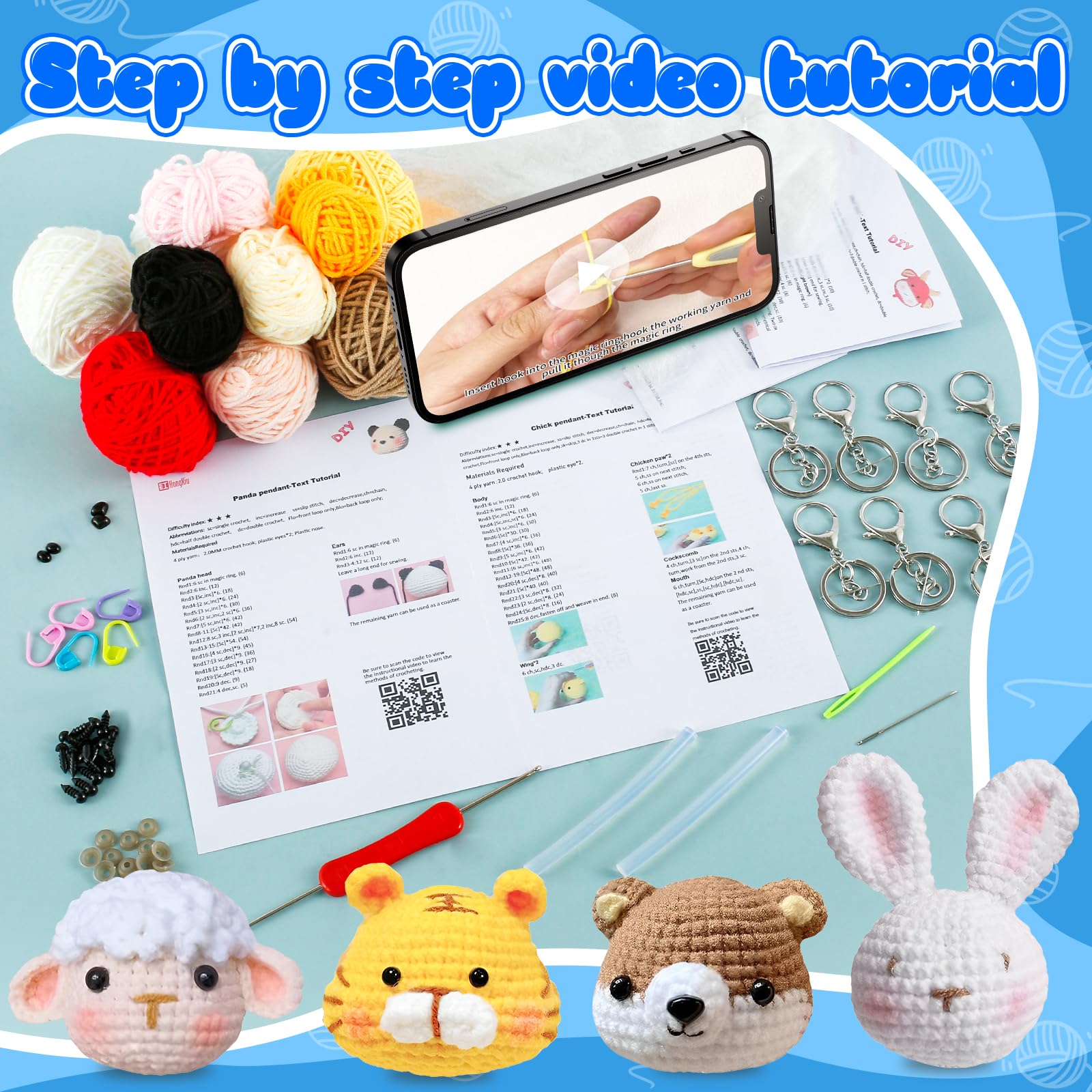 Alongen 8Pcs Beginners Crochet Kit, Complete Crochet Knitting Kit Cute Animal Crochet Starter Pack,Include Yarn, Eyes - Image 4