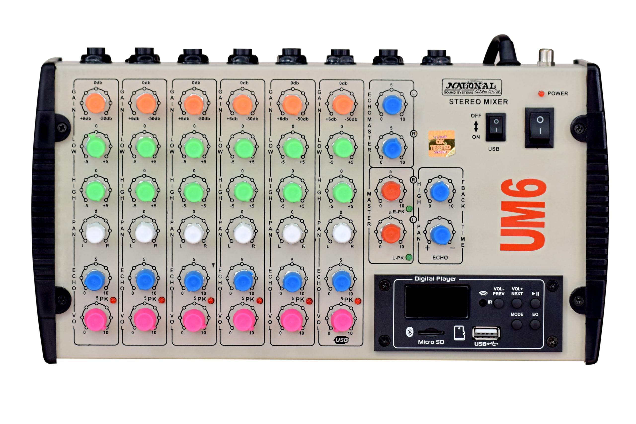 KH 6-Channel Digital Audio Mixer with USB & BT, Stereo Echo Mixer, Controls: Gain, Eq, Pan, Echo, Fader