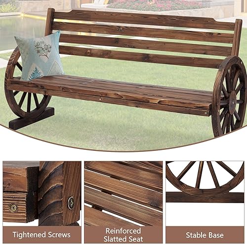 Miniatura 5 de Banco de ruedas de madera para 2 personas con respaldo, muebles rústicos para patio al aire libre