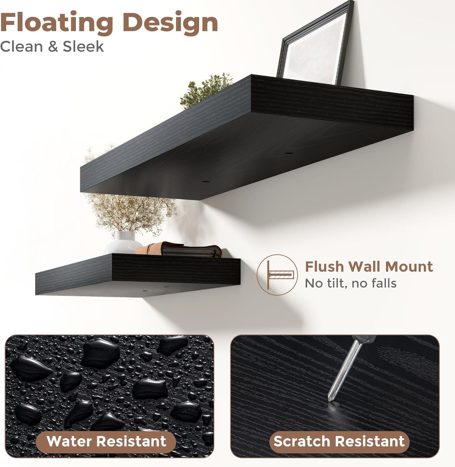 Marsmiles 12" Deep Floating Shelves for Wall with Invisible Brackets, Wall Mounted Engineered Wood Shelves with Wood Grain for Living Room, Bedroom, Kitchen Decor and Storage, 36" L Set of 1, Black