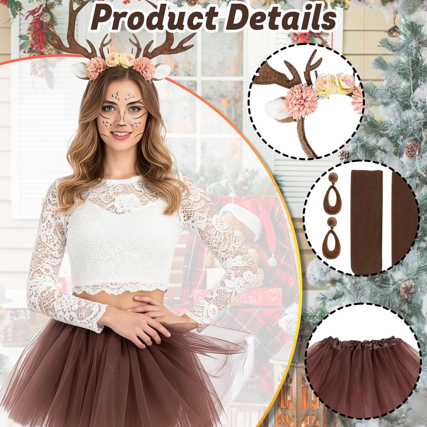Reindeer Costume for Women, 5 Piece Costume, Carnival Costume for Women with Brown Tulle Skirt (50cm), Reindeer Antler Headband, Socks, Reindeer Face Tattoo, Costume