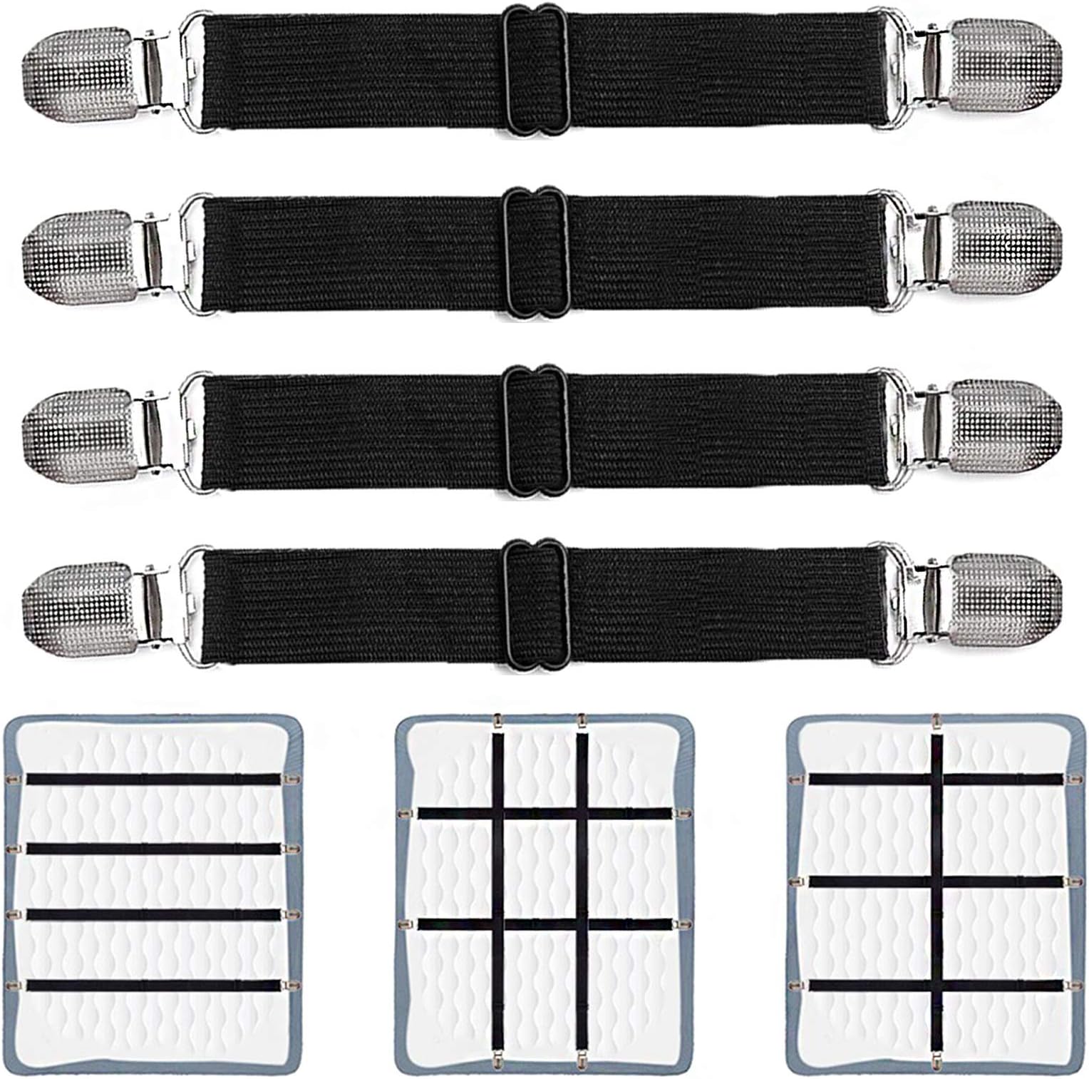 Adjustable Bed Sheet Clips, Sheet Fasteners Holder Straps and Suspenders, Gripper, Extend From 21" to 80" Long Style Elastic Fasteners Bands Heavy Duty Suit for Mattress, Bedsheets, Couch, and More