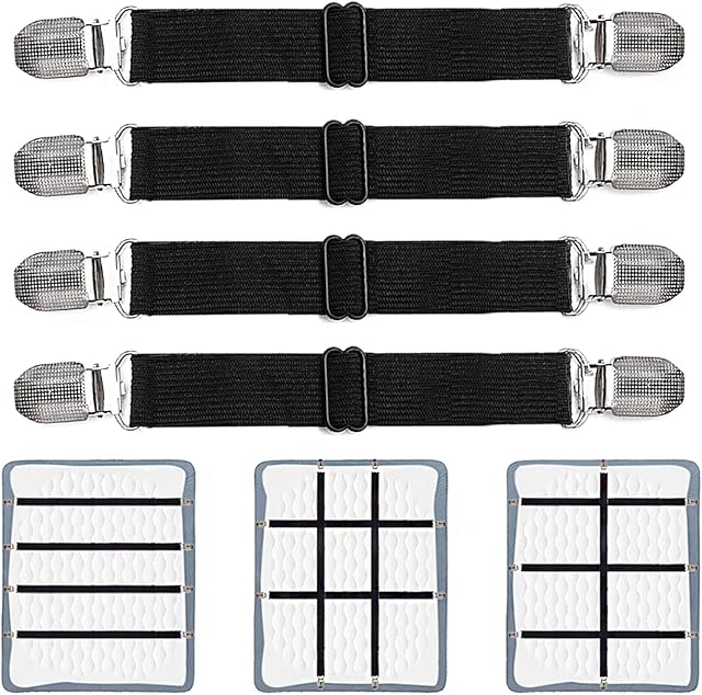 Adjustable Bed Sheet Clips, Sheet Fasteners Holder Straps and Suspenders, Gripper, Extend From 21" to 80" Long Style Elastic Fasteners Bands Heavy Duty Suit for Mattress, Bedsheets, Couch, and More