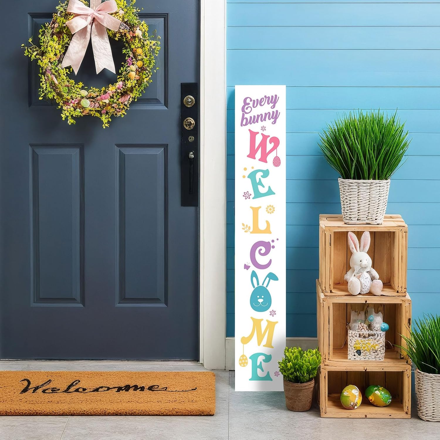 Easter Porch Sign, 47"H Large Wooden Porch Decor, Tall Leaner Vertical Welcome Sign for Front Door Standing, Easter Spring Outdoor Yard Rustic Farmhouse Decorations for Home