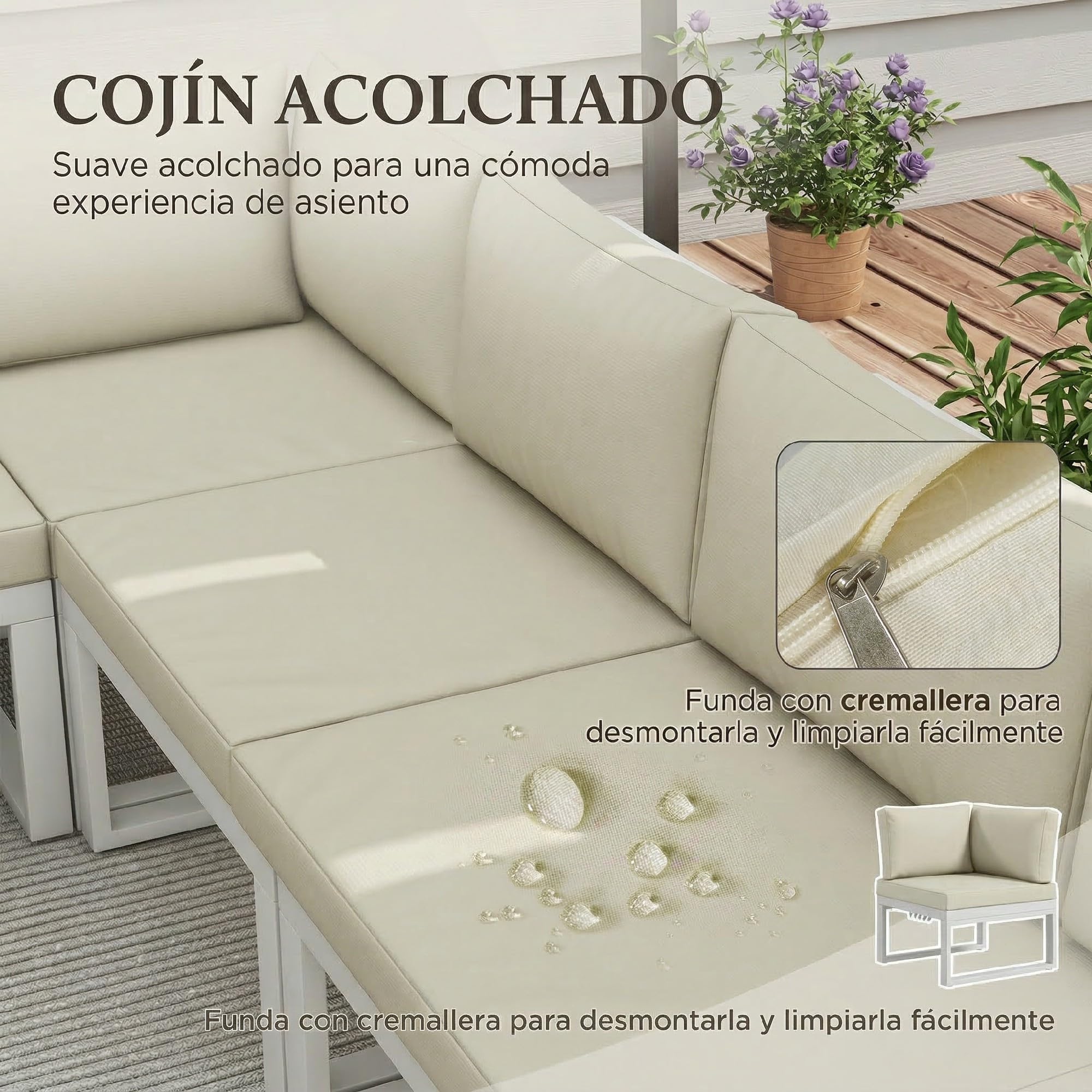 Outsunny Conjunto de Muebles de Jardín Exterior 4 Piezas Juego de Muebles de Terraza Incluye 2 Sofás Dobles 1 Sofá Esquinero Reclinable y Mesa de Centro Mesita Lateral con Cojines para Patio Crema