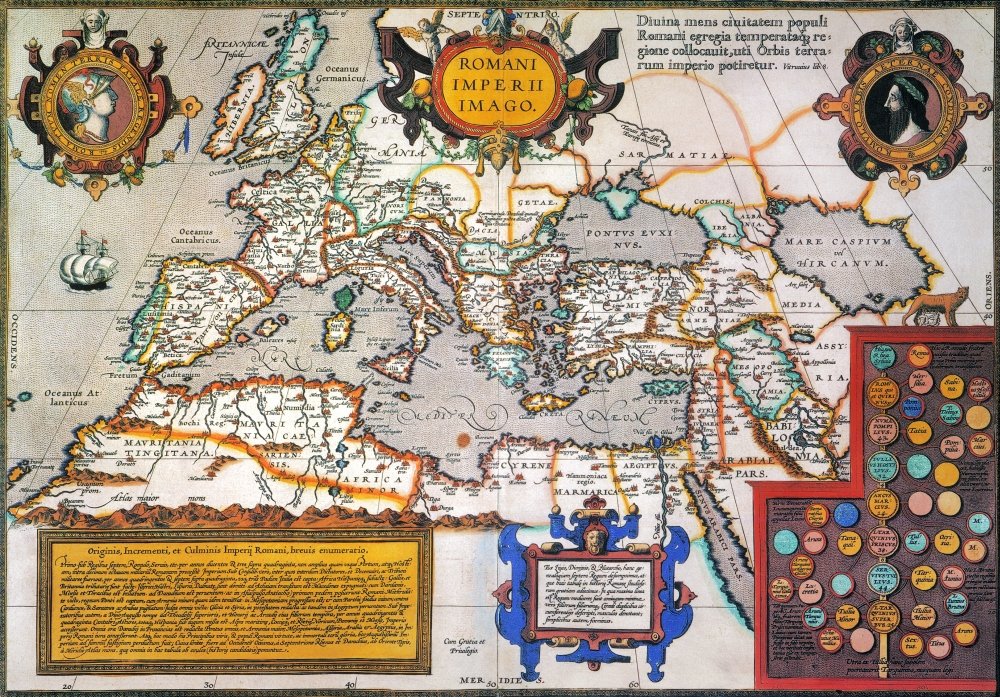 Map Of The Roman Empire Nfrom The 1595 Atlas Theatrum Orbis Terrarum By Abraham Oertel Also Known As Ortelius Featuring Portraits Of Roma Deity Of Ancient Rome And Romulus The CityS Legendary Founder