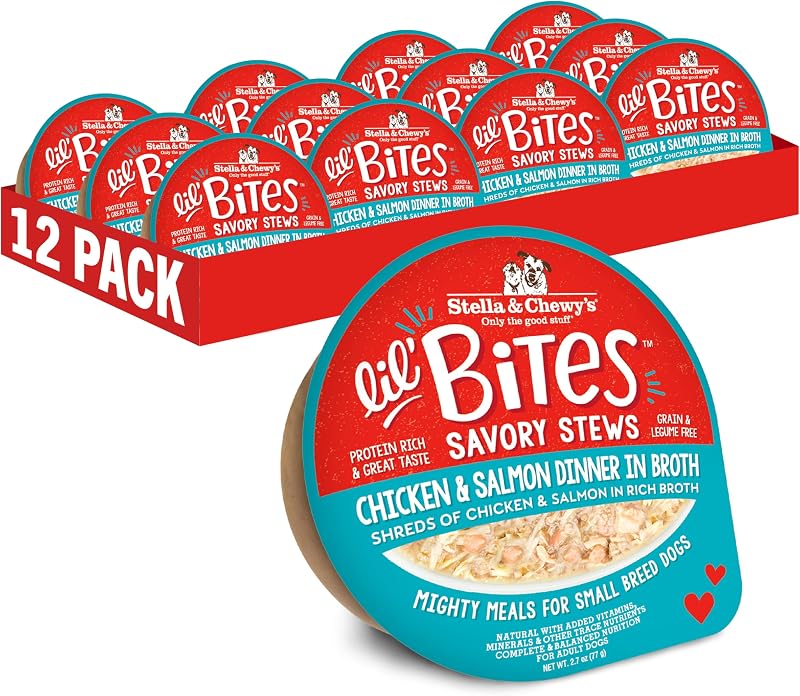 Ração úmida para cães de raças pequenas Stella & Chewy's Lil’ Bites Savory Stews Chicken & Salmon em caldo, 12 copos de 77 g