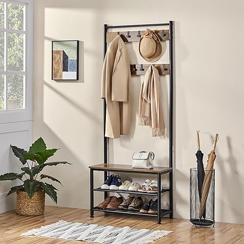 Miniatura 2 de Yaheetech - Perchero, 3 en 1, árbol de pasillo con banco y almacenamiento para zapatos, banco independiente para entrada con perchero, Marrón
