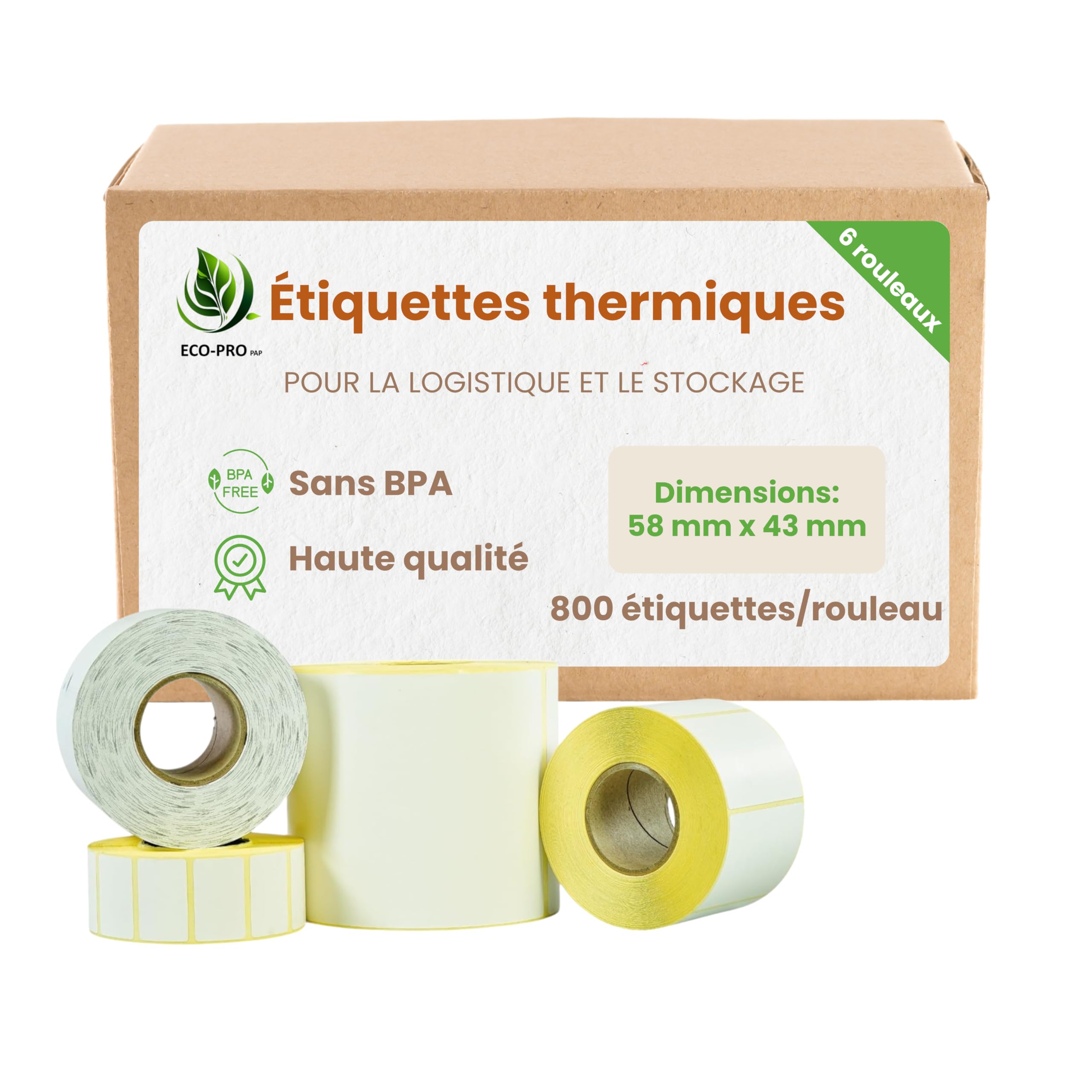 Étiquettes thermiques 58 x 43 mm, 800 pièces par rouleau, papier thermique sans BPA, rouleau d'étiquettes pour imprimante thermique - logistique et entrepôt, Lot de 6