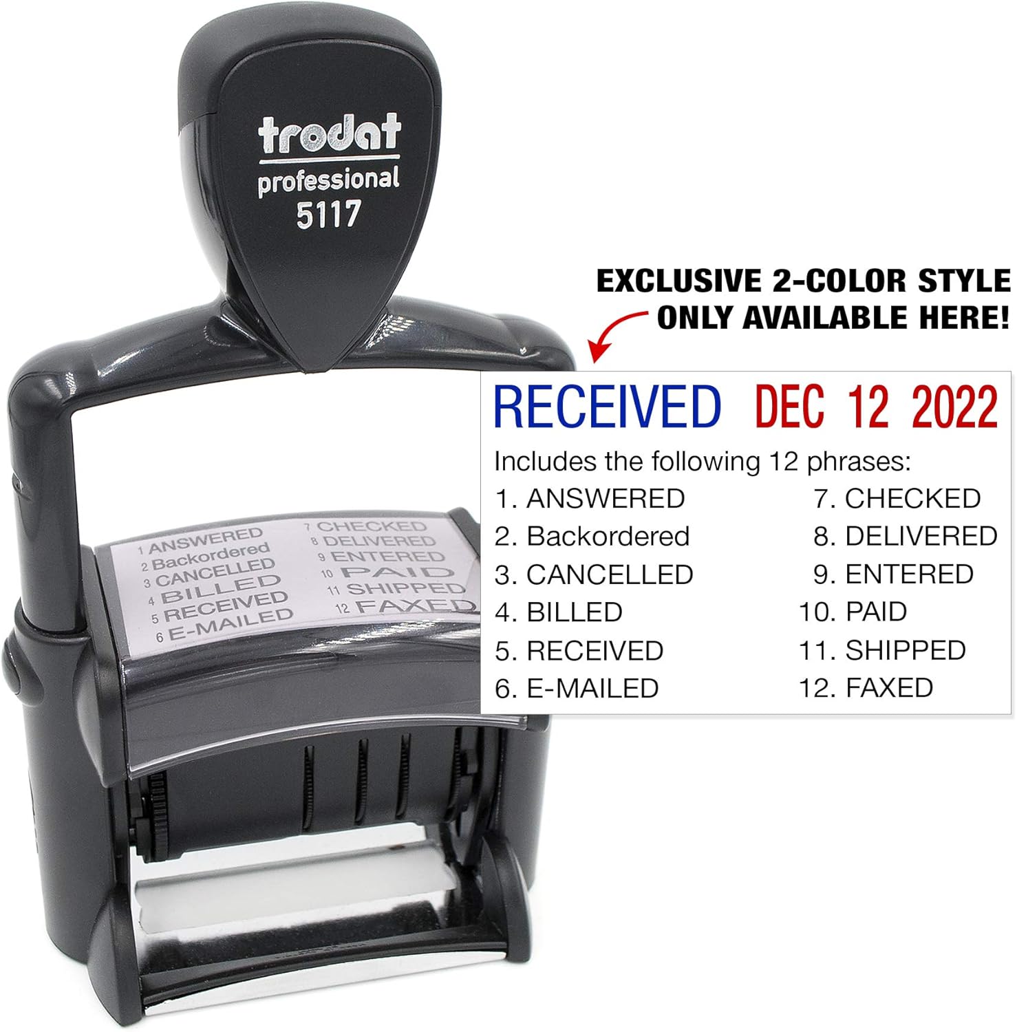Trodat 5117 Professional 12-Message Stamp w/ Dater, Self-Inking, Blue/Red 2 Color Ink : Office Products