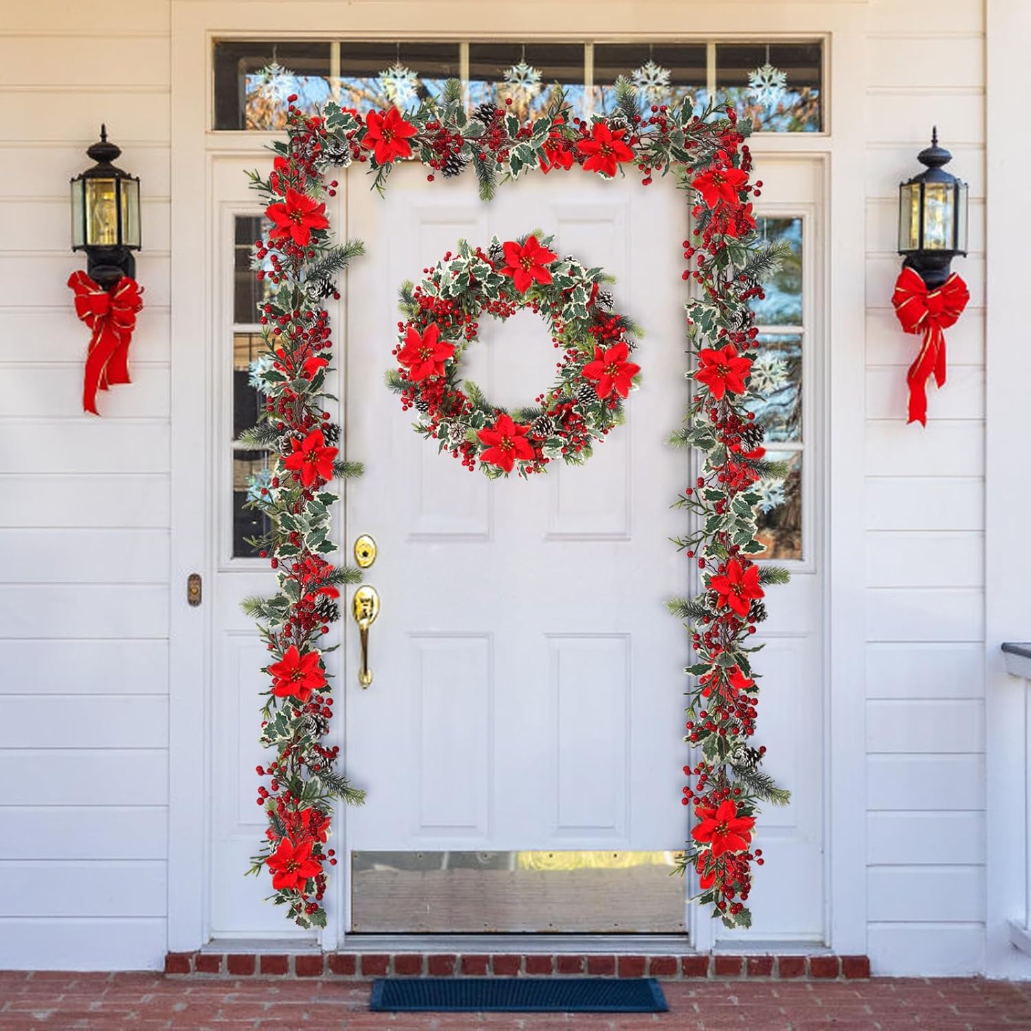 SOMYTING Christmas Garland 6FT Christmas Poinsettia Garland with Red Berries Holly Leaves Artificial Pine Needle Red Berry Garland Artificial Xmas Flower for Indoor Outdoor Christmas Decortions