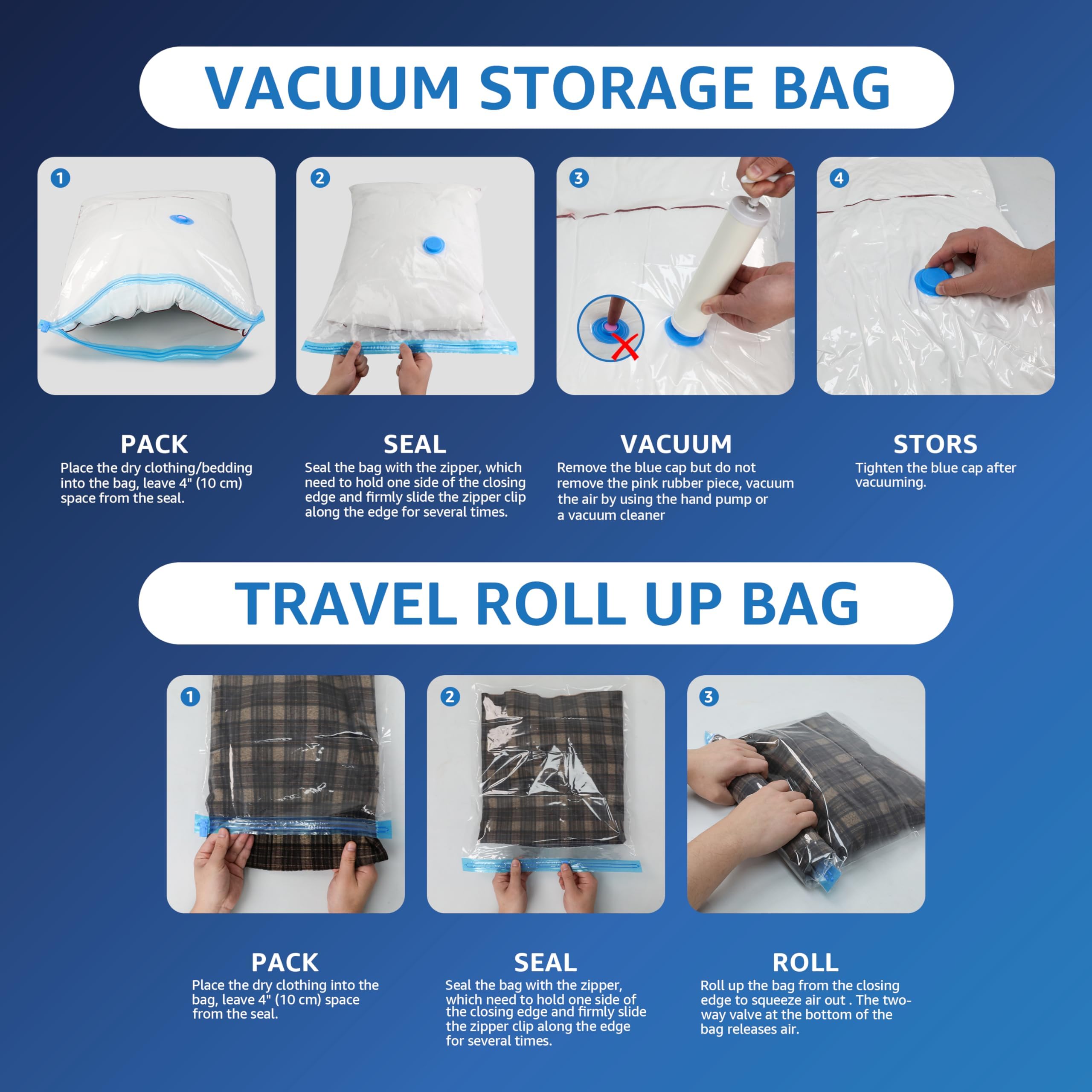 Paquete de 20 bolsas de sellado al vacío (4 gigantes/4 grandes/4 medianas/4 pequeñas/4 rollos M), bolsas de almacenamiento al vacío con bomba de mano, bolsas de ahorro de espacio para edredones,