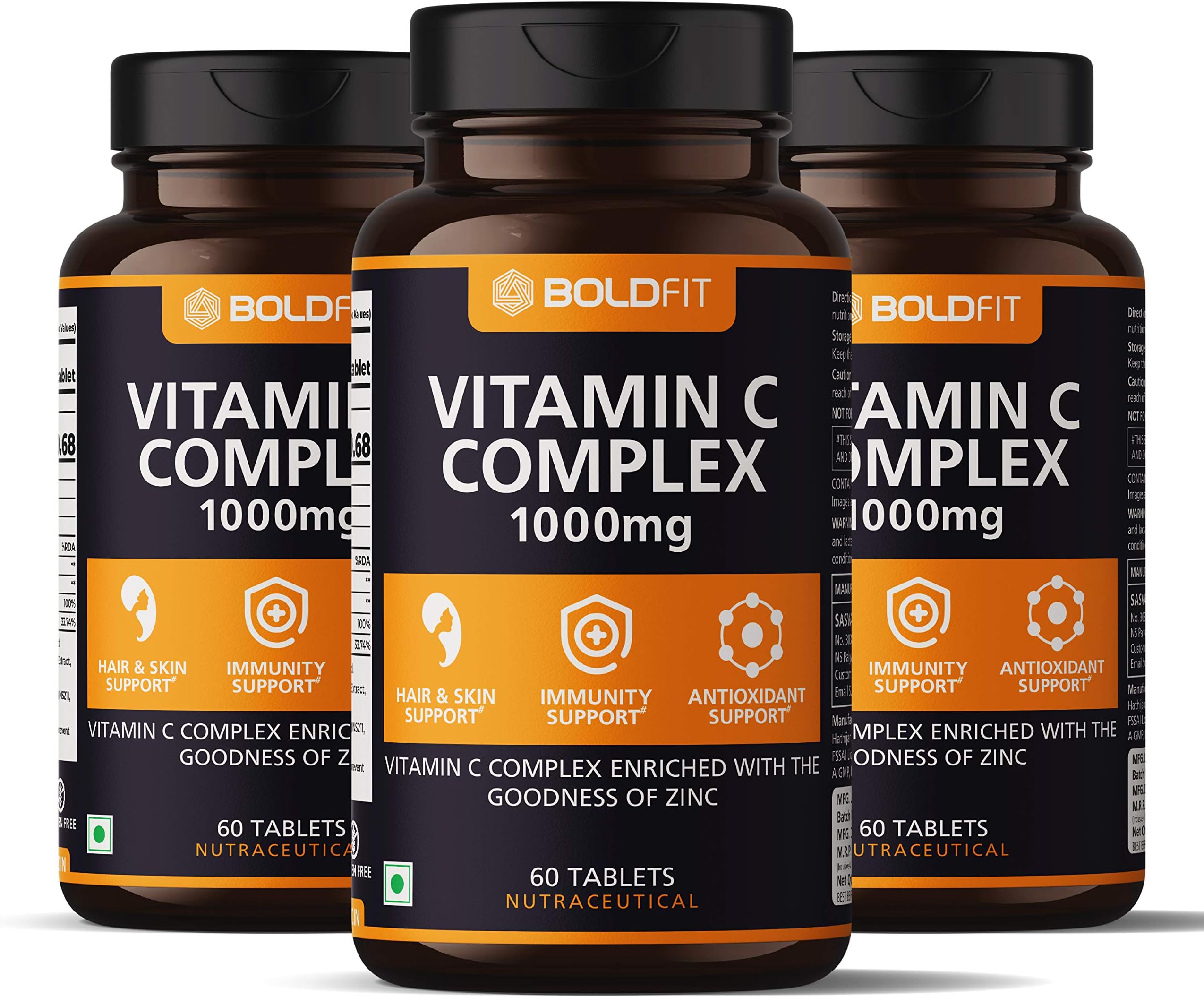 Boldfit Vitamin C Complex 1000mg tablets with Amla & Zinc For Immune Support for adults, Antioxidant Supplement & Supports Collagen For Hair, Skin, Nails & Joints (180 Tablets)
