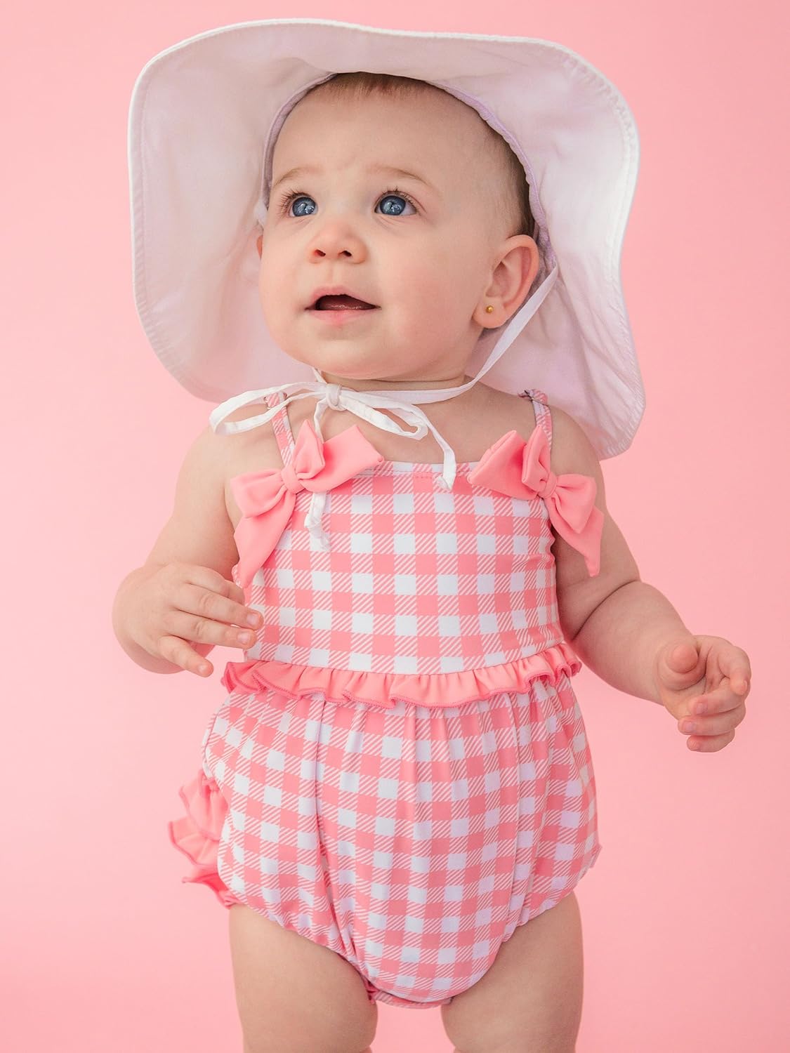 RuffleButts Baby Girls UPF50+ One Piece Bow Bubble Romper Swimsuit