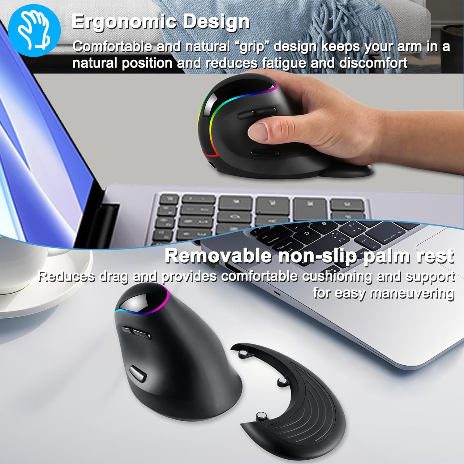 Vertical Mouse Wireless RGB Tri-Mode 2.4G Wireless Bluetooth Wired Ergonomic Mouse with Removable Palm Rest LED Light Rechargeable Optical Computer Mice for PC Laptop Desktop Notebook Tablet Gifts
