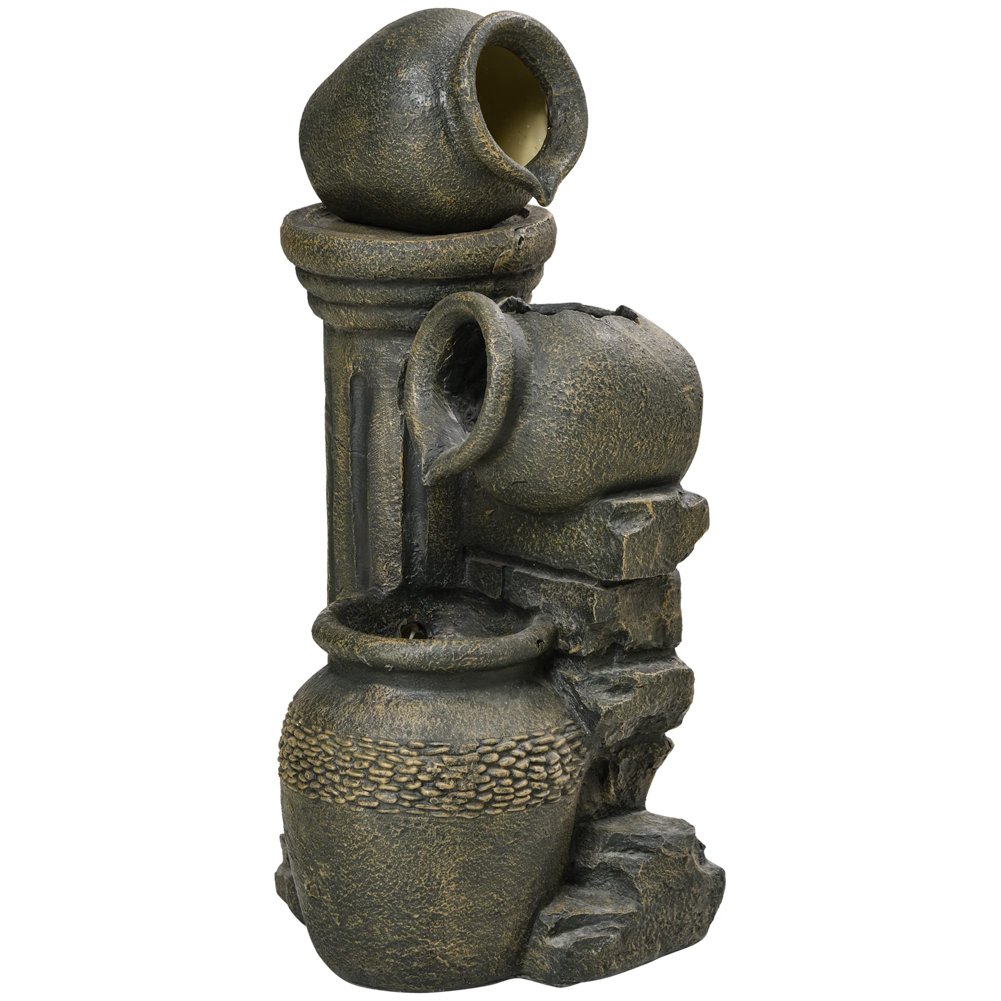 Outsunny Zen - Fuente de jardín ornamental (3 jarras, flujo ajustable, bomba de agua sumergible, incluye dim. 36,5 x 32 x 73 cm, resina gris