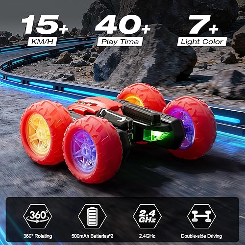 Miniatura 5 de Coche de control remoto, auto de carreras RC giratorio de 360 con luz para la rueda de los faros, rollo de doble cara de 2.4Ghz 4WD Rock Crawler,