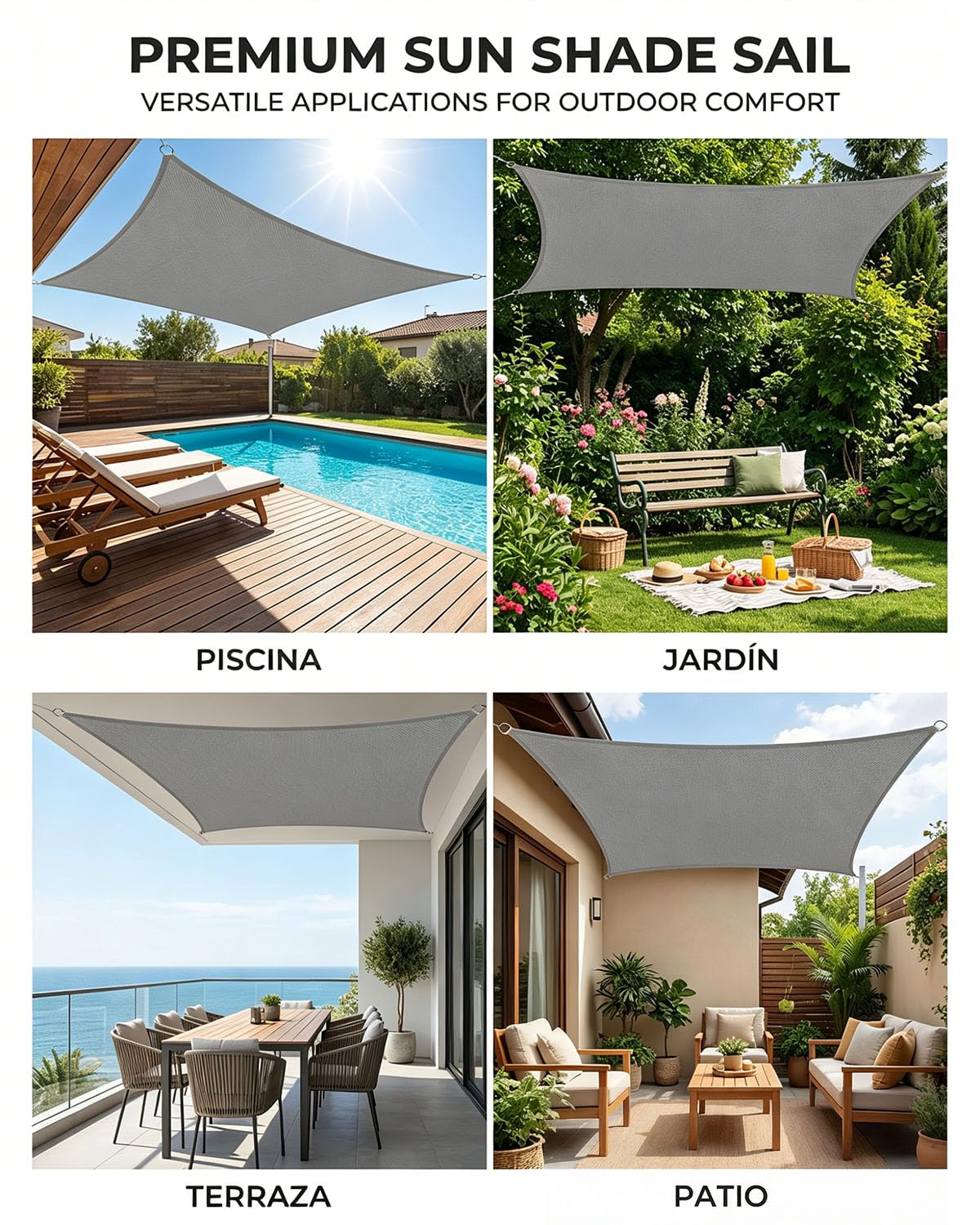 Vela de Sombra Rectangular 3x4m con Kit de Instalación, HDPE Impermeable y Antidesgarro, Protección UV, Resistente al Viento, Incluye Accesorios, Balcón, Jardín o Patio, Gris