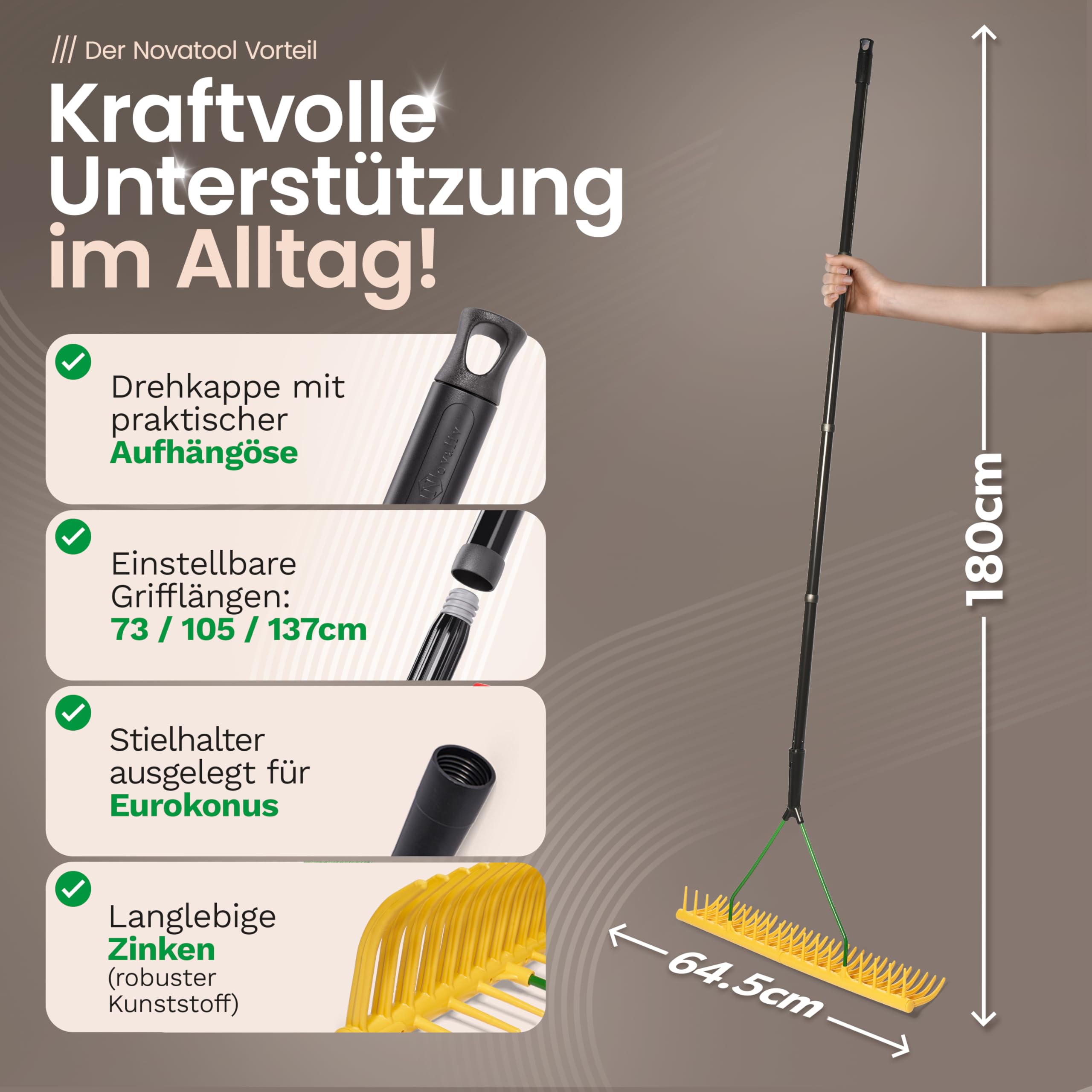 Novatool Rastrillo de jardín con dispositivo de recolección de hierba, 32 dientes y 4 piezas de mango de tornillo y enchufe, ancho de trabajo 64,5 cm, rastrillo de plástico y metal, recogehojas