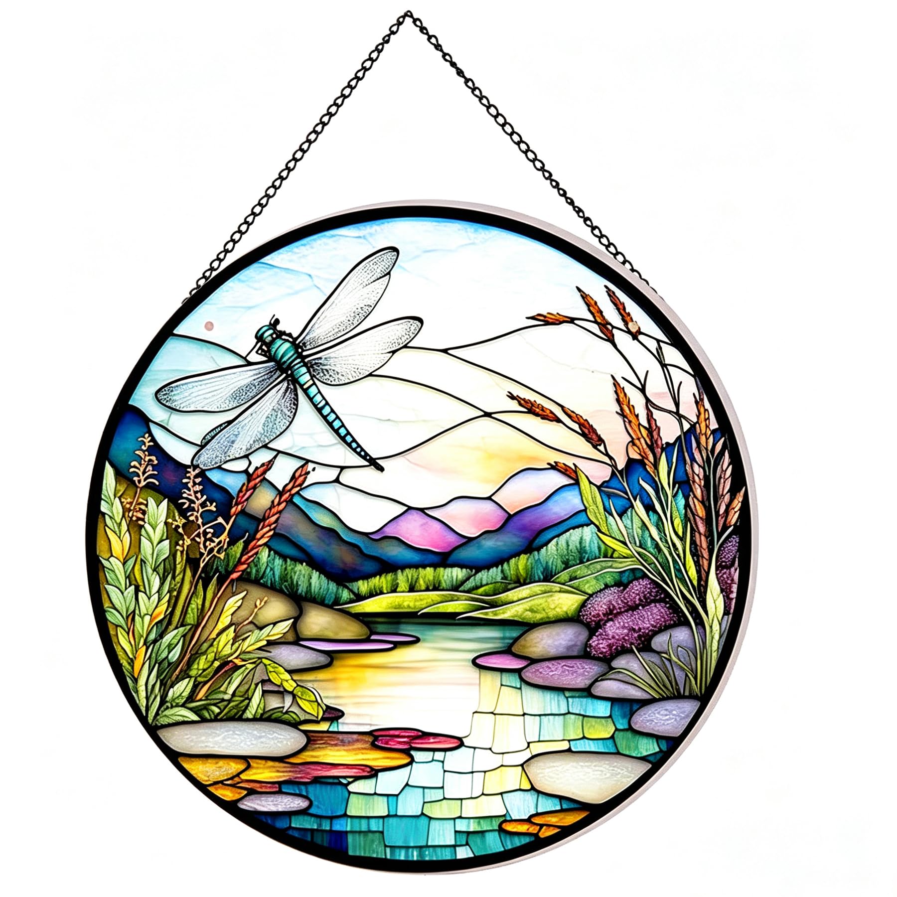 Payutou River and Dragonfly Pattern Suncatcher Stained Glass,Hanging Stained Glass for Windows,20cm/7.87inch Hand-Painted Sun Catcher Garden Hangings Painted Glass Panel Decor Themed Gift-image-6