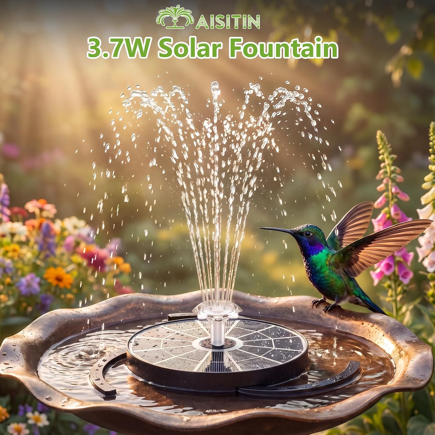 AISITIN 3.7W Solar Bird Bath Fountain Pump, 7.1" Solar Powered Water Fountain Pump for Garden, Ponds, Pool, Fish Tank, Aquarium and Outdoor