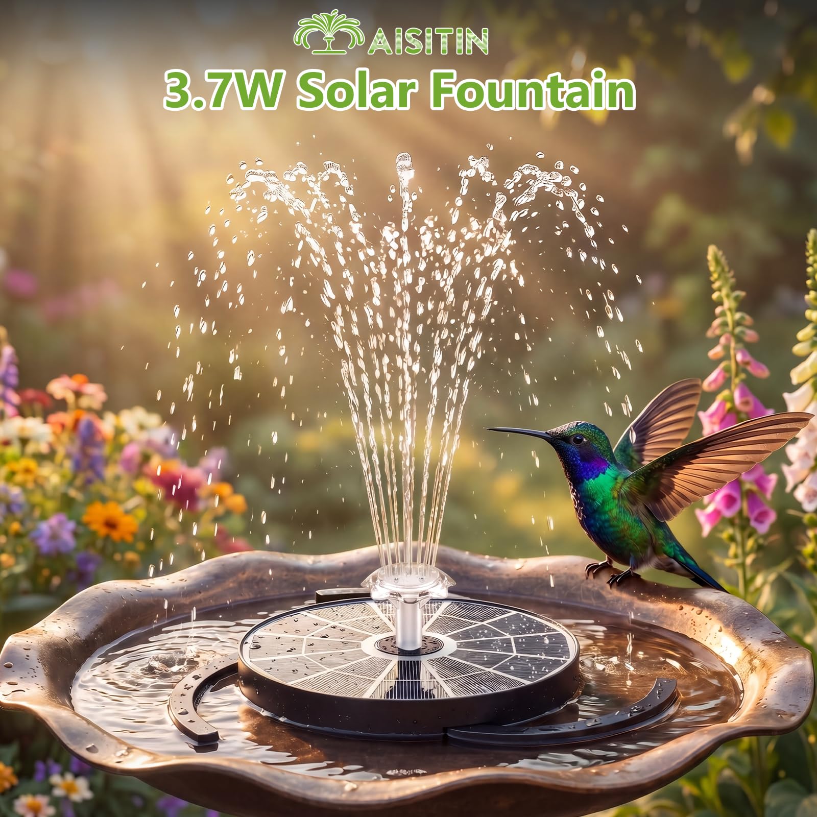 AISITIN Fuente solar para exterior mejorada, 3,7 W, para exteriores, con 4 efectos de pulverización, bomba solar flotante para estanque, bomba de fuente flotante para jardín, baño de pájaros, estanque