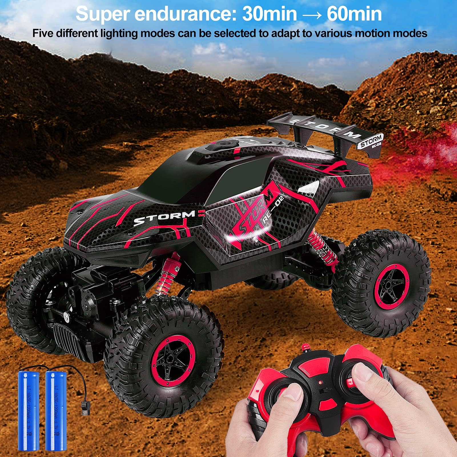Herefun Zdalnie sterowany samochód RC 2,4 GHz 4WD LED z sprayem, ładowany, terenowy, dla dzieci od 5 lat