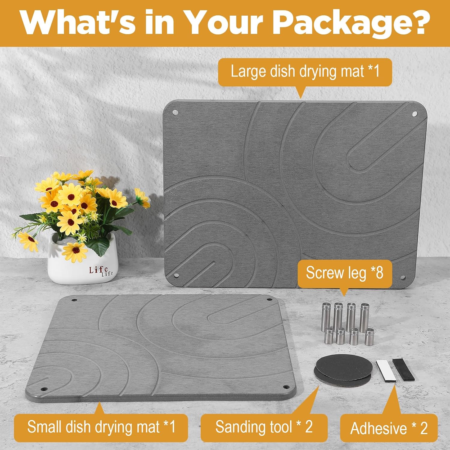 2 Pcs Stone Dish Drying Mat for Kitchen Counter Soapstone Drying Mat Set Diatomaceous Earth Dish Dryings Mats with Non Slip Feet Heat Resistant Fast Absorbing Dark Gray 15.7"(L)×11.8"(W)