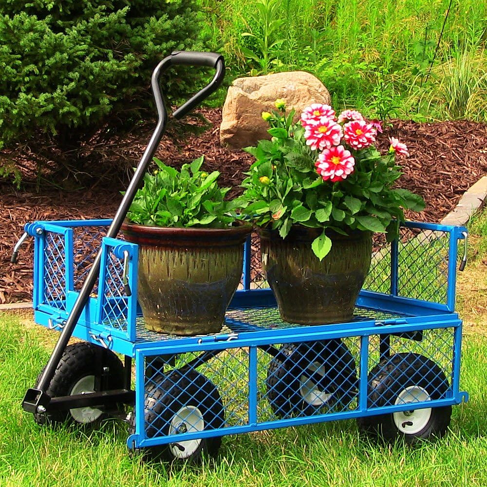 Sunnydaze Utility Steel Garden Cart, Outdoor Lawn Wagon with Removable Sides, Heavy-Duty 400 Pound Capacity, Blue : Patio, Lawn & Garden